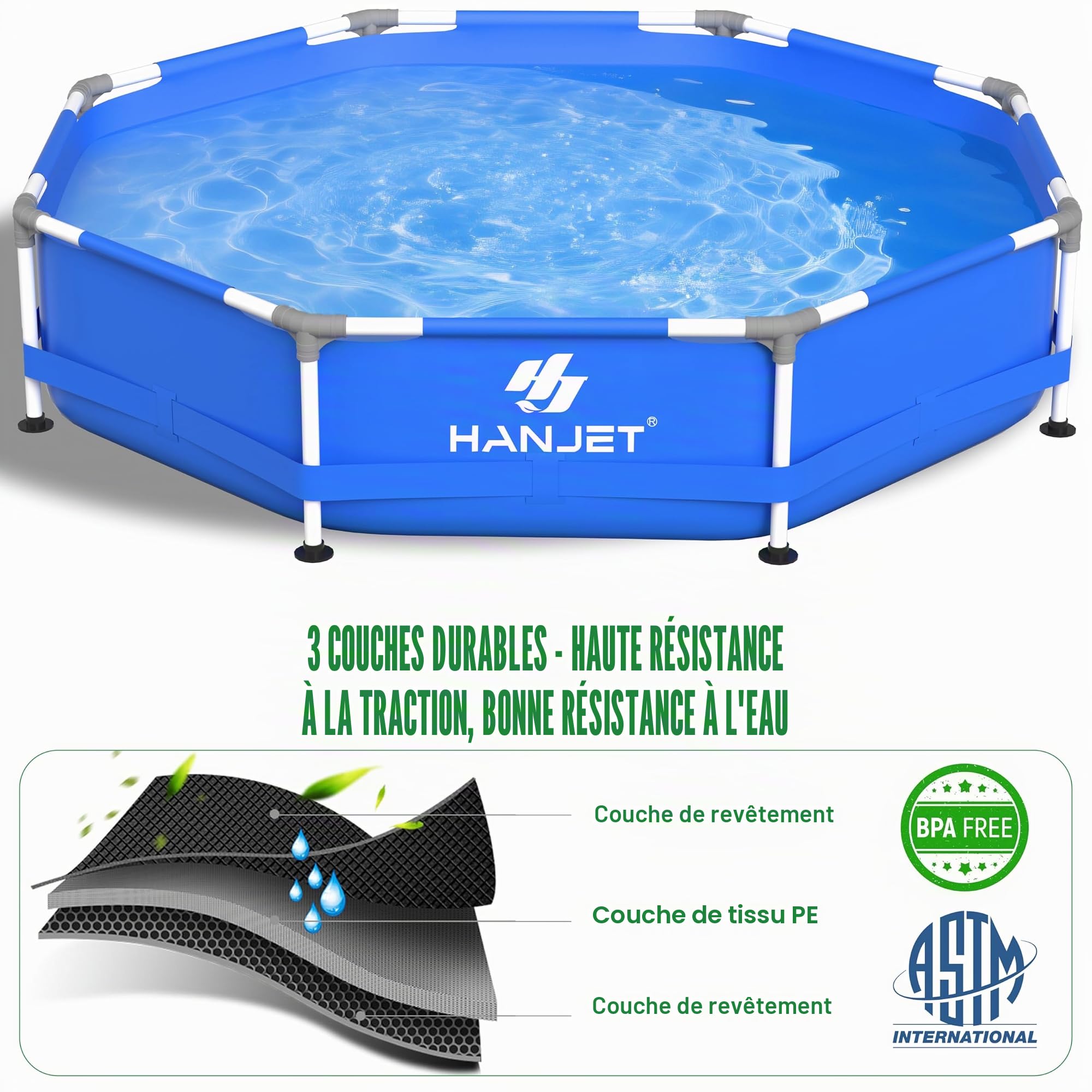 Steel Frame Piscine à cadre en polyéthylène (pas de PVC) – Piscine de jardin hors sol – Piscine d'été avec cadre en acier pataugeoire pour l'extérieur arrière-cour – Ronde, bleue (diamètre 366