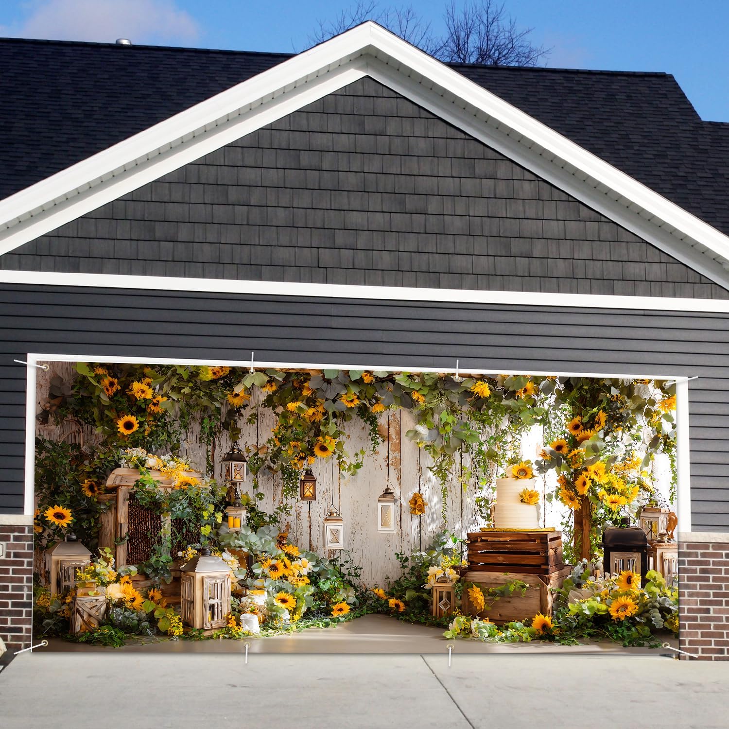 Sunflower Garage Door Banner 6x13ft Waterproof -Rustic Farmhouse Backdrop with Greenery,Wedding &Birthday Decor,Photo Booth Background