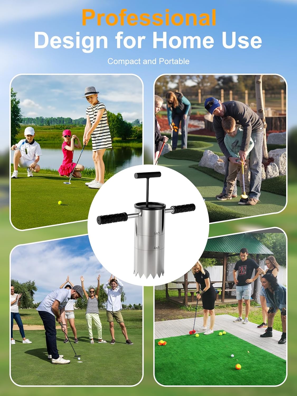 Portable Golf Hole Cutter – Detachable Non-Slip Handle, 4Inch & 6Inch USGA Standard 304 Stainless Steel Hole Digger, Backyard, Garden & Outdoor Golf Putting Green Practice