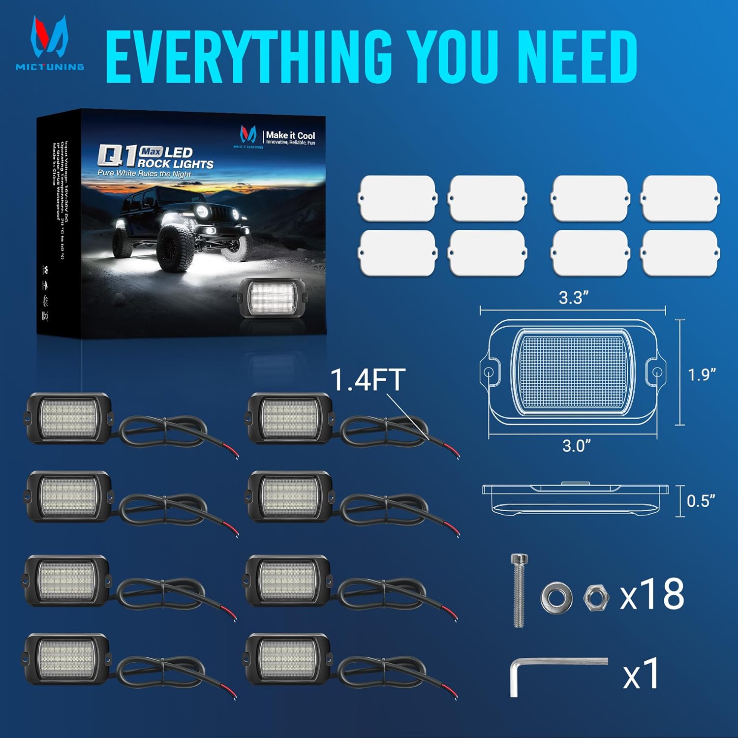 MICTUNING Q1+ Max Pure White Rock Lights Kit - 8 Pods Ultra-Bright Underglow Lights, IP68 Waterproof