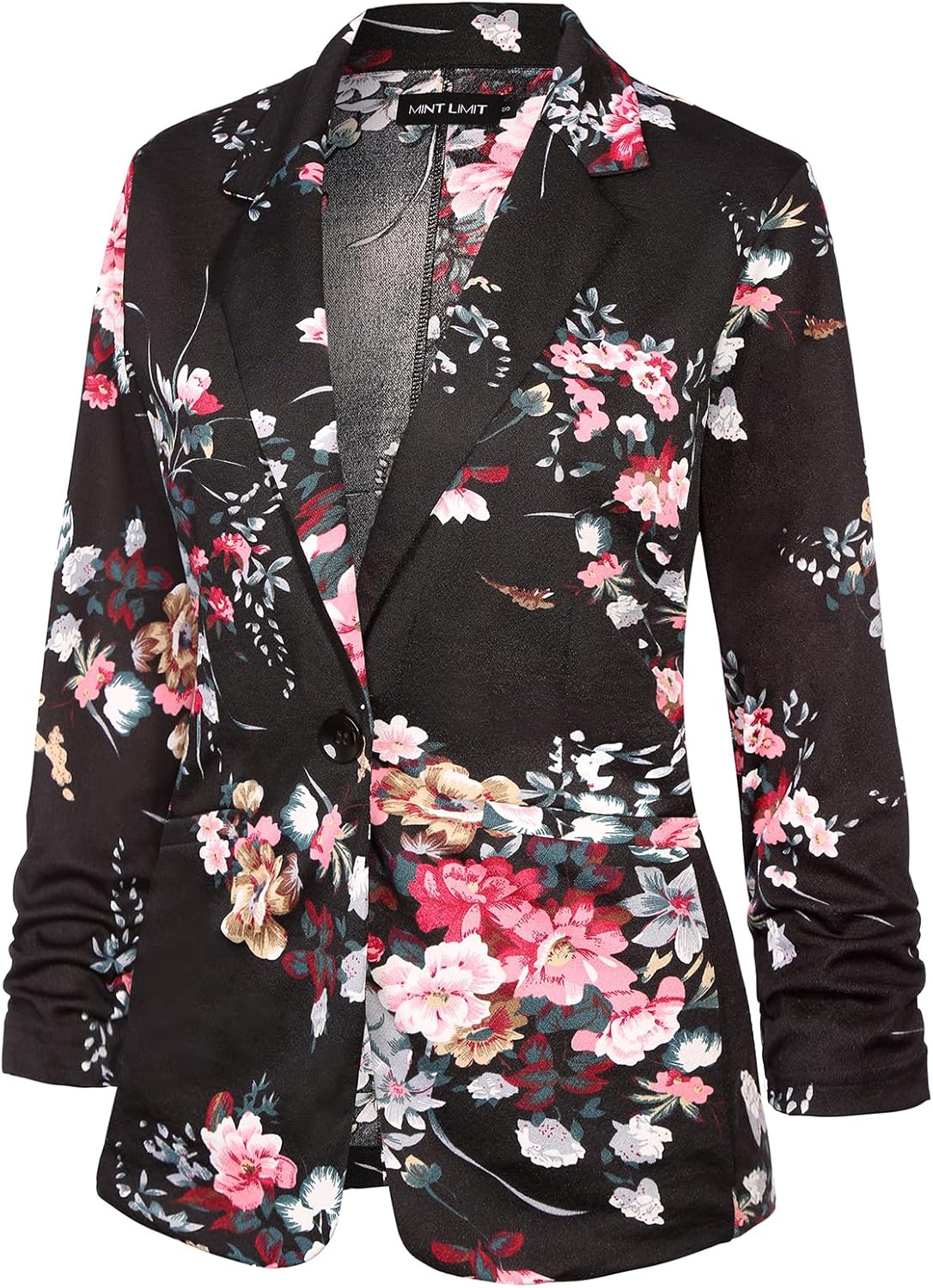 MINTLIMIT Womens Casual Blazer Jacket Pockets Open Front Work Office Blazer Ruched 3/4 Sleeve Lapel Button Jacket,Floral Black,M