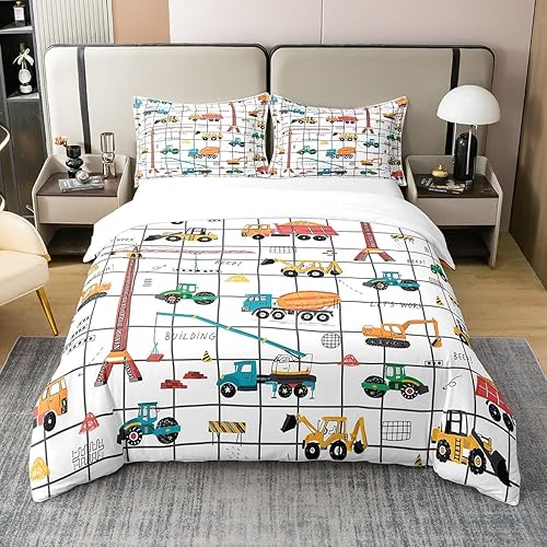 Funda de edredón para niños, 100 % algodón, diseño de caricaturas, para niños, diseño de cuadrículas, camiones y equipos, funda de edredón de