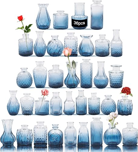 36Pcs Glass Bud Vases Set, Small Bud Vases in Bulk, Multiple Shape, Blue | Mini Vase for Centerpiece, Rustic Wedding, Party, Birthday Party, Festival Table Decorations and Home Decor