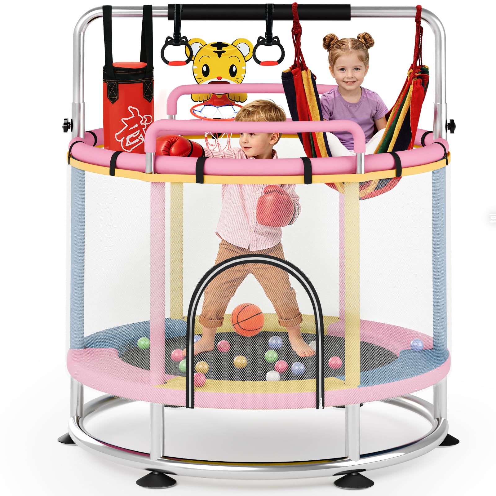 Trampolin Kinder 150cm mit Rundem Sockel und Zwei Handläufen Vorne und Hinten Outdoor/Indoor, 250kg Verstellbares,mit Andsäcken, Basketballkorb, Klimmzugstange und Hängematte für Jungen und Mädchen