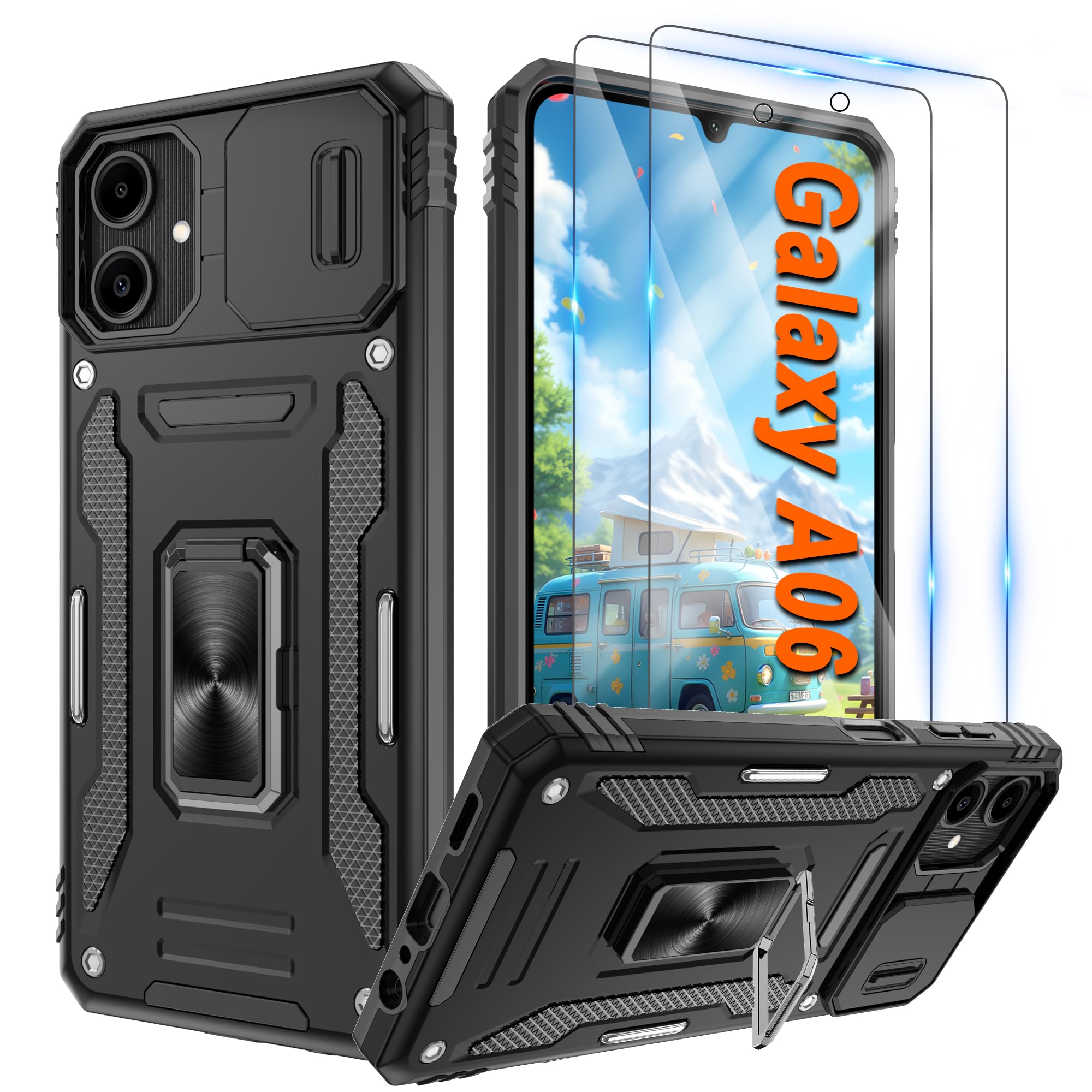 Pilaru Handyhülle für Samsung Galaxy Hülle, mit 2 Stück Schutzfolie Schiebe-Kameraschutz Militär Case,360° Drehhalter Ring Stoßfestes Cover Handy Hüllen