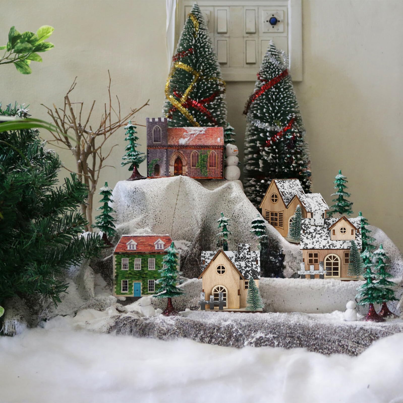 iplusmile 3pezzi Casette di Natale in Legno Luci LED Set di Villaggi Natalizi Decorazioni Artigianali Case in Miniatura Esposizione di Villaggi Natalizi