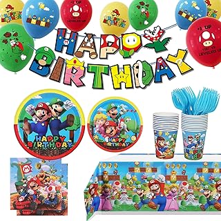 Super Mario Birthday Party Supplies Decorations included Mario Plates Napkins Cups Tablecloth Banners Balloons and Forks,Mario Bros Brothers Kart Party Supplies Decorations,Mario Party Favors for 20 Guests
