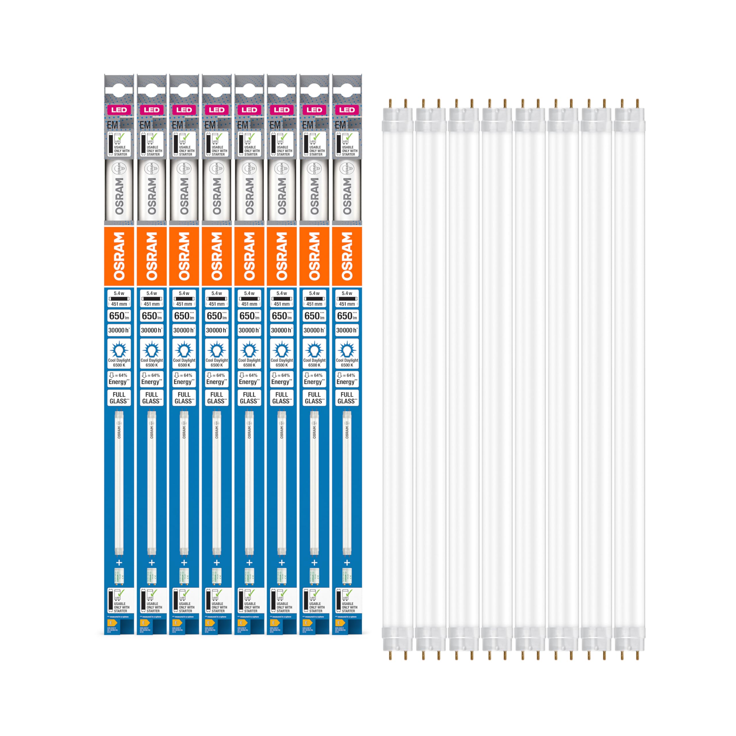 OSRAM LED TUBE T8 15 EM 438 mm, tubo LED lineal, 5,4W, 650lm, 6500K, luz blanca de día, LED de repuesto para tubos fluorescentes T8 con casquillo G13, larga vida, optimo consumo de energía