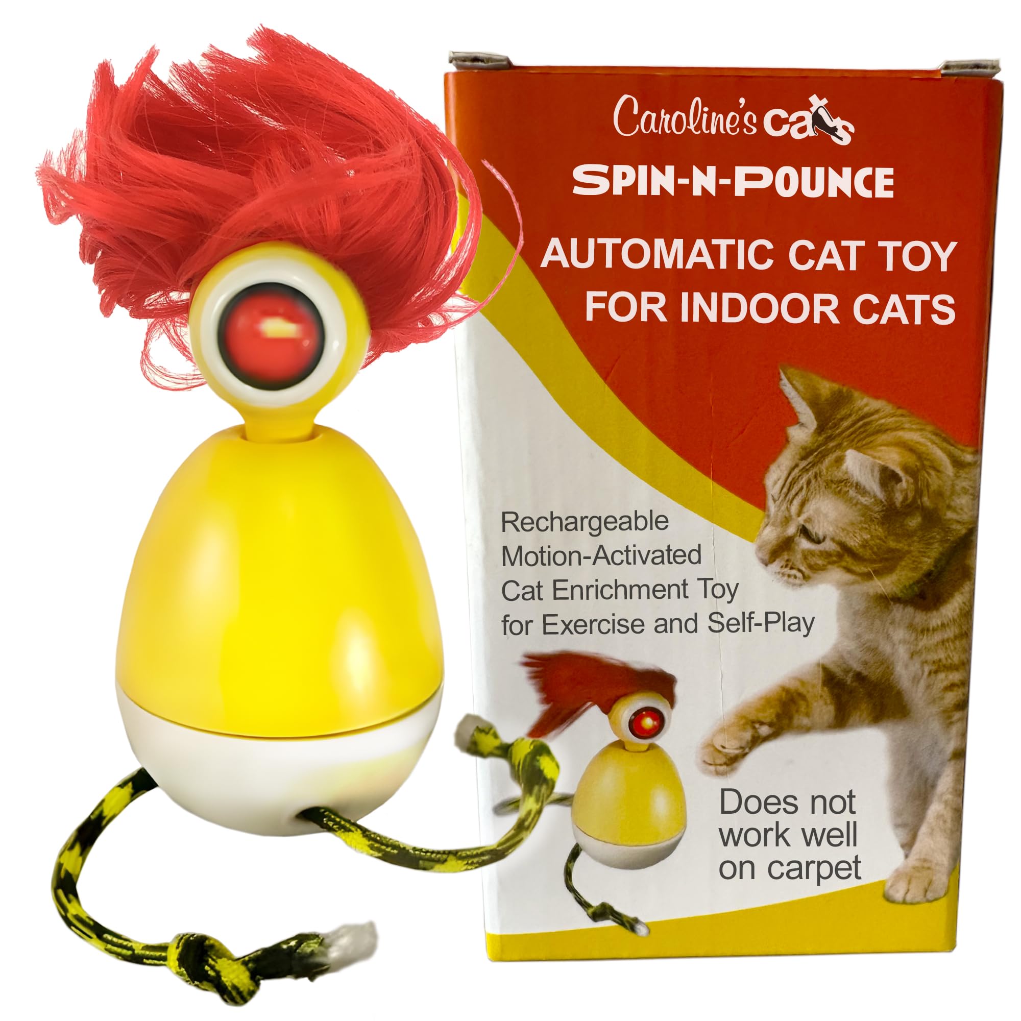 Caroline's Cats Automatic Cat Toy - Rechargeable Spin-N-Pounce with Touch Sensor, Silent Motor, 360-Degree Rotation, Interactive Kitten Toys for