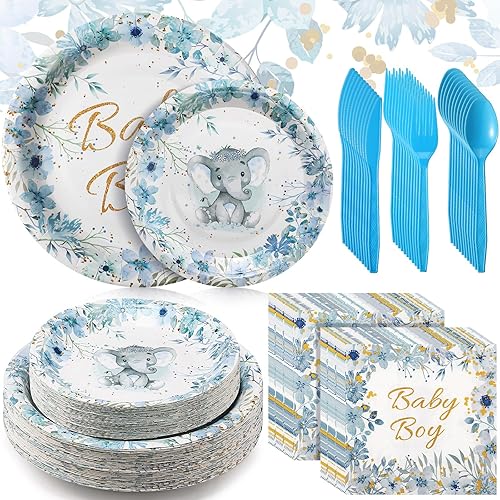 Miniatura 1 de 300 piezas de elefante para baby shower, suministros para fiesta de 50 elefantes para baby shower, incluye platos, tenedores, cucharas, cuchillos,