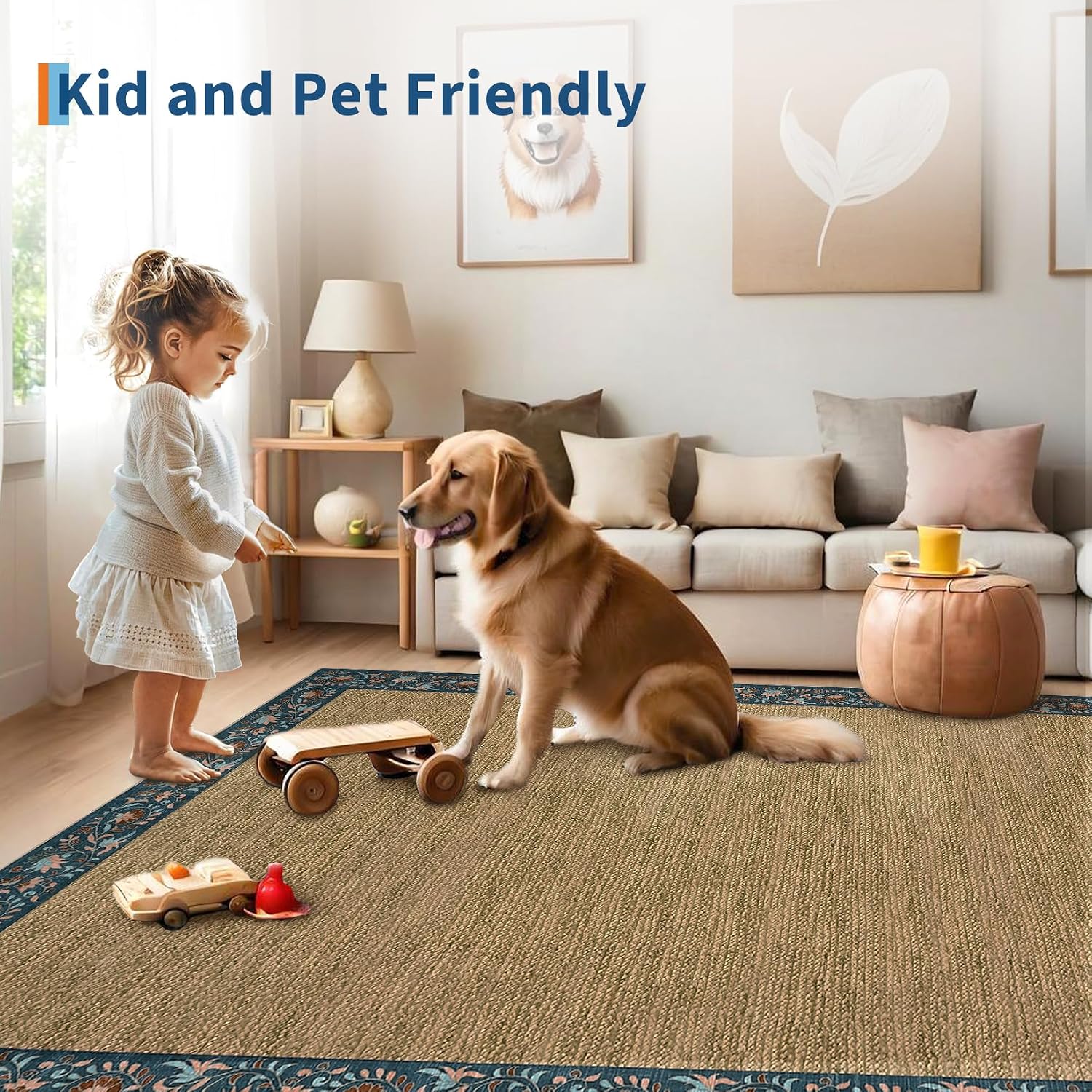 Garvee Bordered 9x12 Area Rugs for Living Room, Washable Non Slip Bedroom Rug, Vintage Floral Solid Center Dining Room Rugs, Stain Resistant Ultra Thin Large Throw Carpet for Home Office, Dark Blue