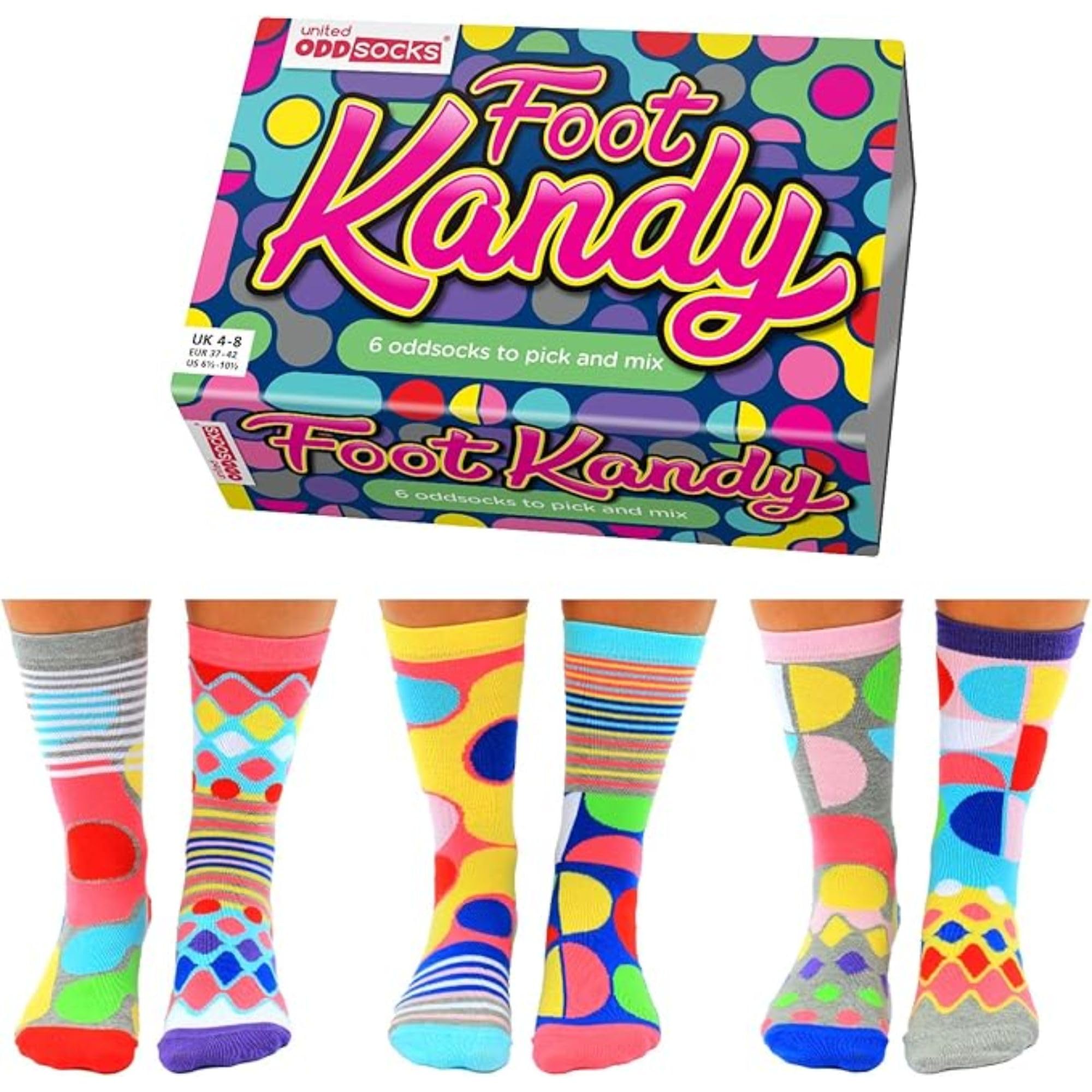 United Oddsocks Foot Kandy, 6 Mix & Match Colourful Socks for Women – UK 4-8, EUR 37-42, US 6.5-10.5 – Sweet-Inspired Crew Socks in a Gift Box, Fun, Quirky Present for Birthdays, Christmas & More