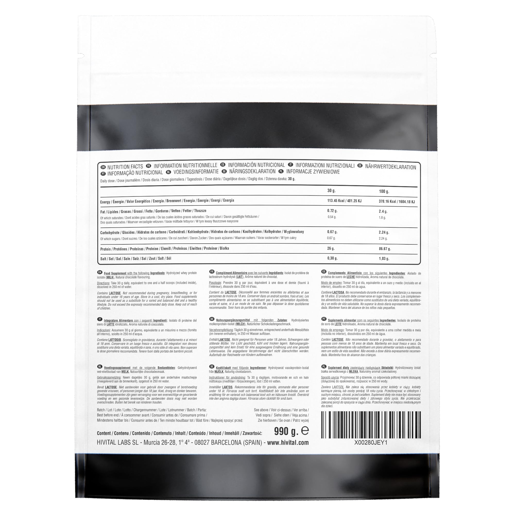 Proteine Whey Isolate 990 g per 1 mese di trattamento. | 26 g al giorno di Proteine Whey Isolate Pure e Naturali al 100%. NEUTRO. Senza soia. Prodotto in Europa da HIVITAL
