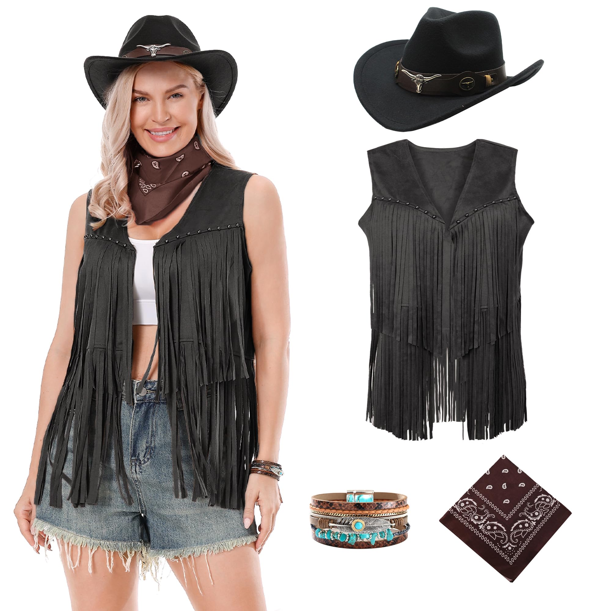 Dzorim Western Cowgirl Costume for Women Cowboy Tassel Vest for Women Hat Dress Bandana Bracelet (Black, 2XL)