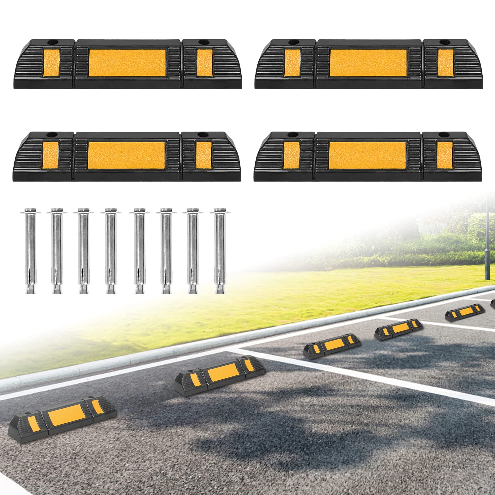 4x Fermaruota Limitatore di Parcheggio in Gomma per Garage Parcheggi 60x12x10 cm Ferma Ruota per Garage con Strisce Riflettenti Ferma Ruota per Protezione Antiurto