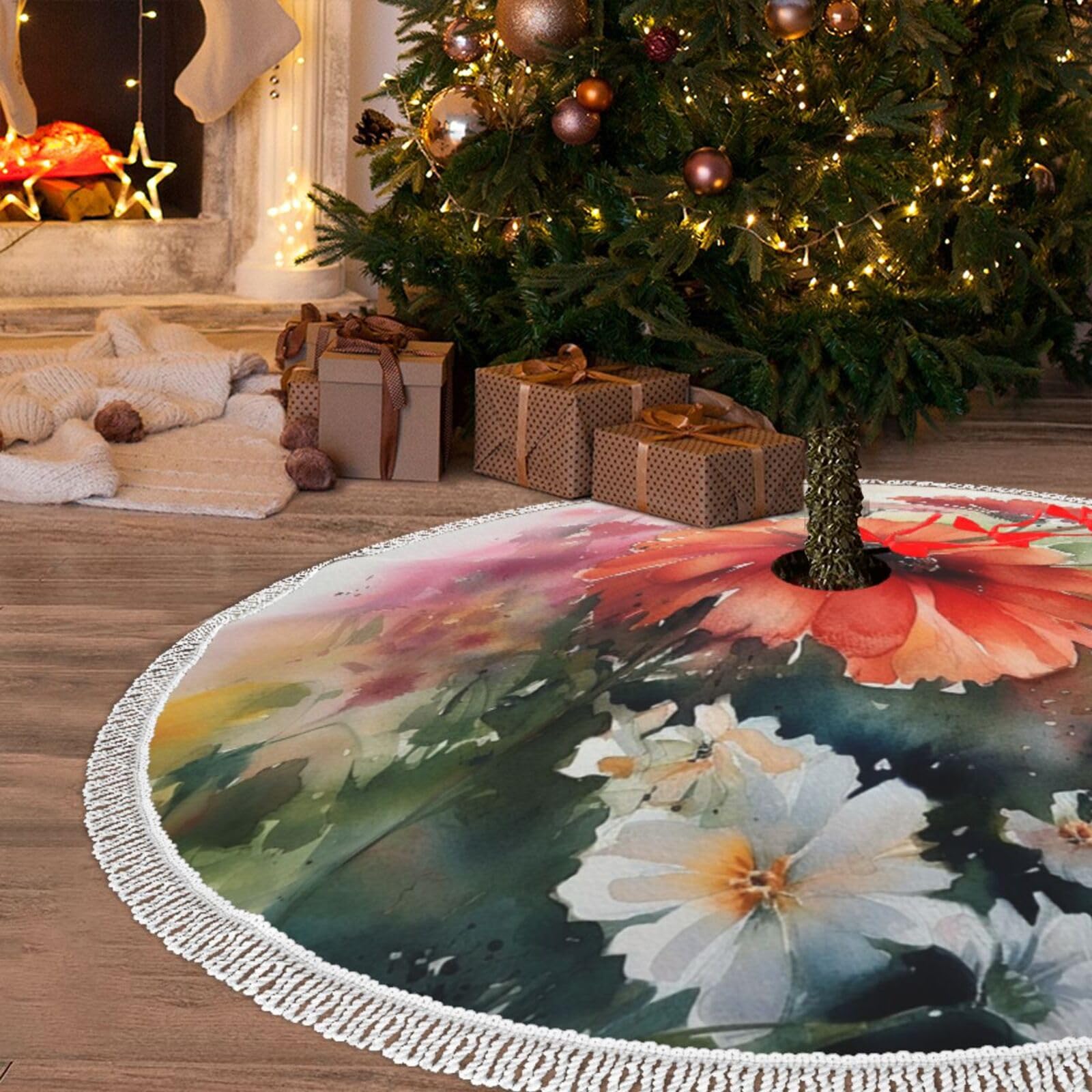 Jupe de sapin de Noël 122 cm aquarelle avec pompons pour décoration de fête