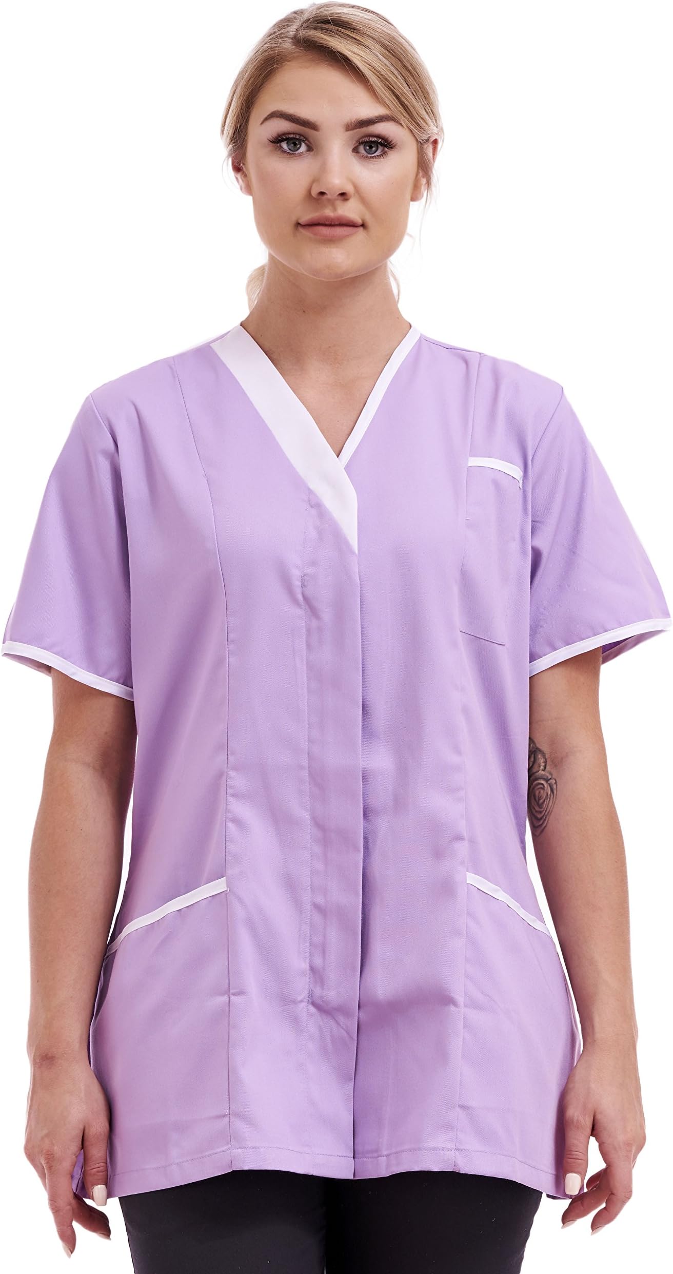 Fashion Link Womens Healthcare Bold Trim Tunic Nurses Uniform Maid Housekeeper Beautician with Highlighted Contrast Trim Size S to XL Multicolored