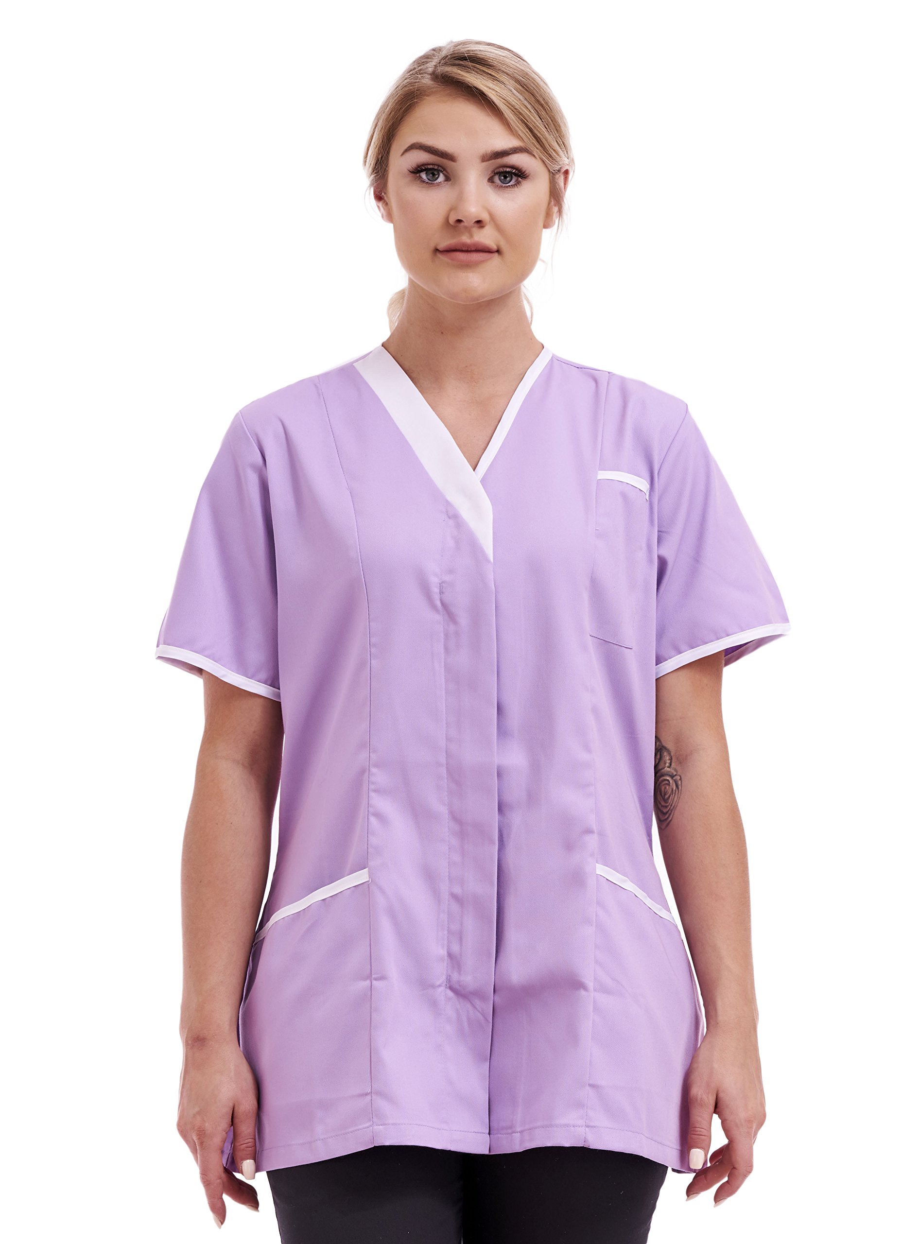 Fashion Link Womens Healthcare Bold Trim Tunic Nurses Uniform Maid Housekeeper Beautician with Highlighted Contrast Trim Size S to XL Multicolored