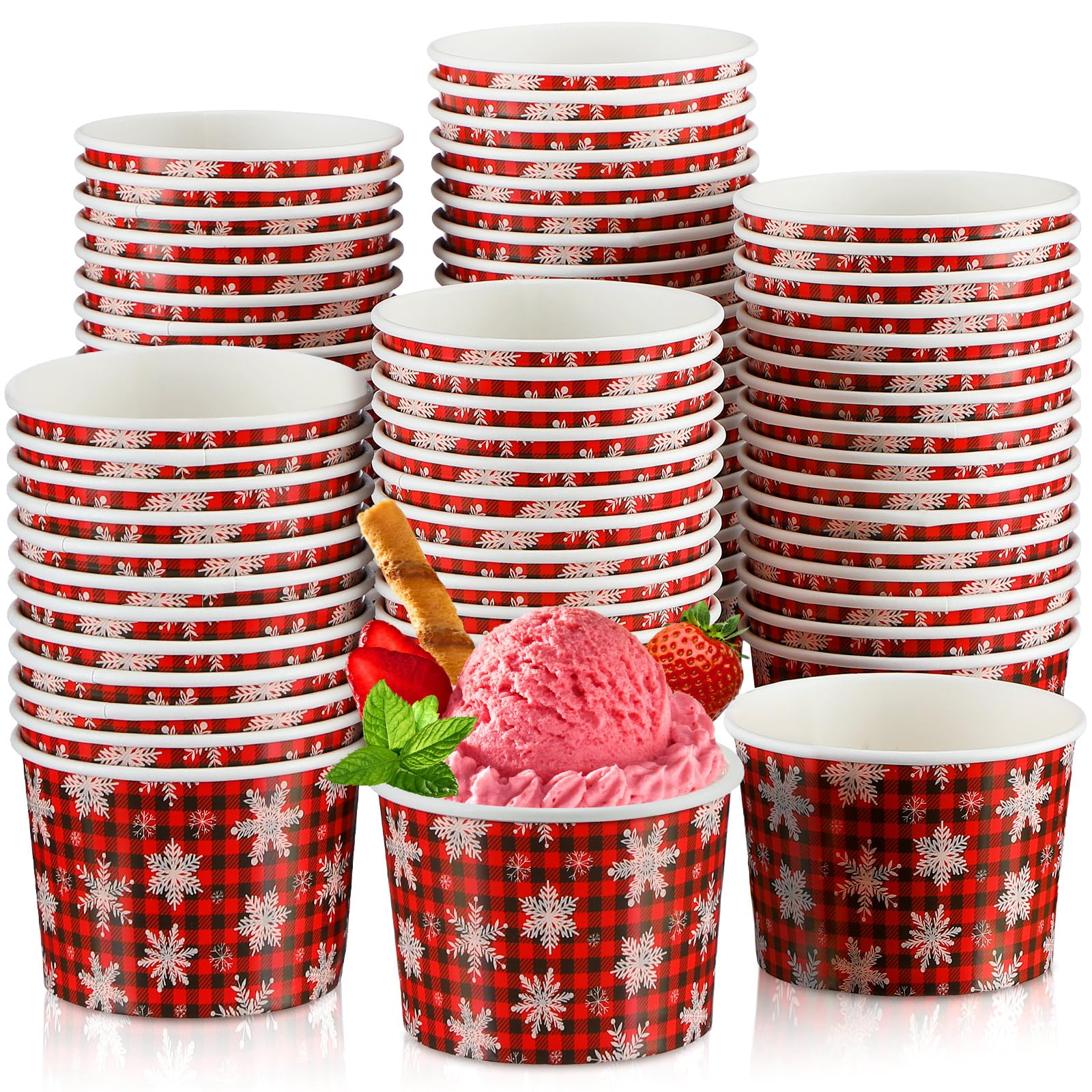 120 Pcs Christmas Snack Bowls 9 oz Christmas Ice Cream Cups Bulks Disposable Paper Dessert Bowls Party Snack Cups for Soup Yogurt Hot or Cold Food Party Supplies(Plaid and Snowflake)