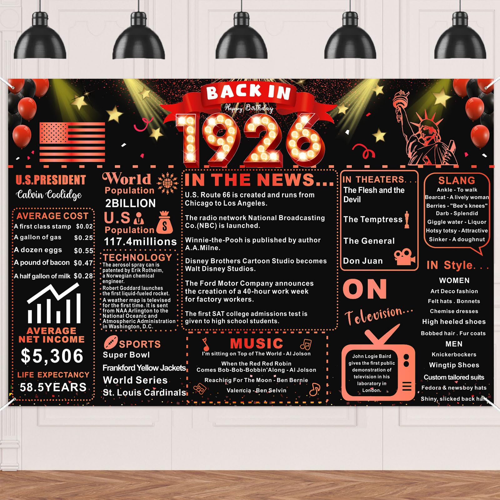 Back In 1926 Red and Black 100th Birthday Decorations Happy Bday Banner Vintage Bday 100 Years Ago Theme Backdrop Decor Gifts for Man and Woman 100th Birthday Party Supplies Gold