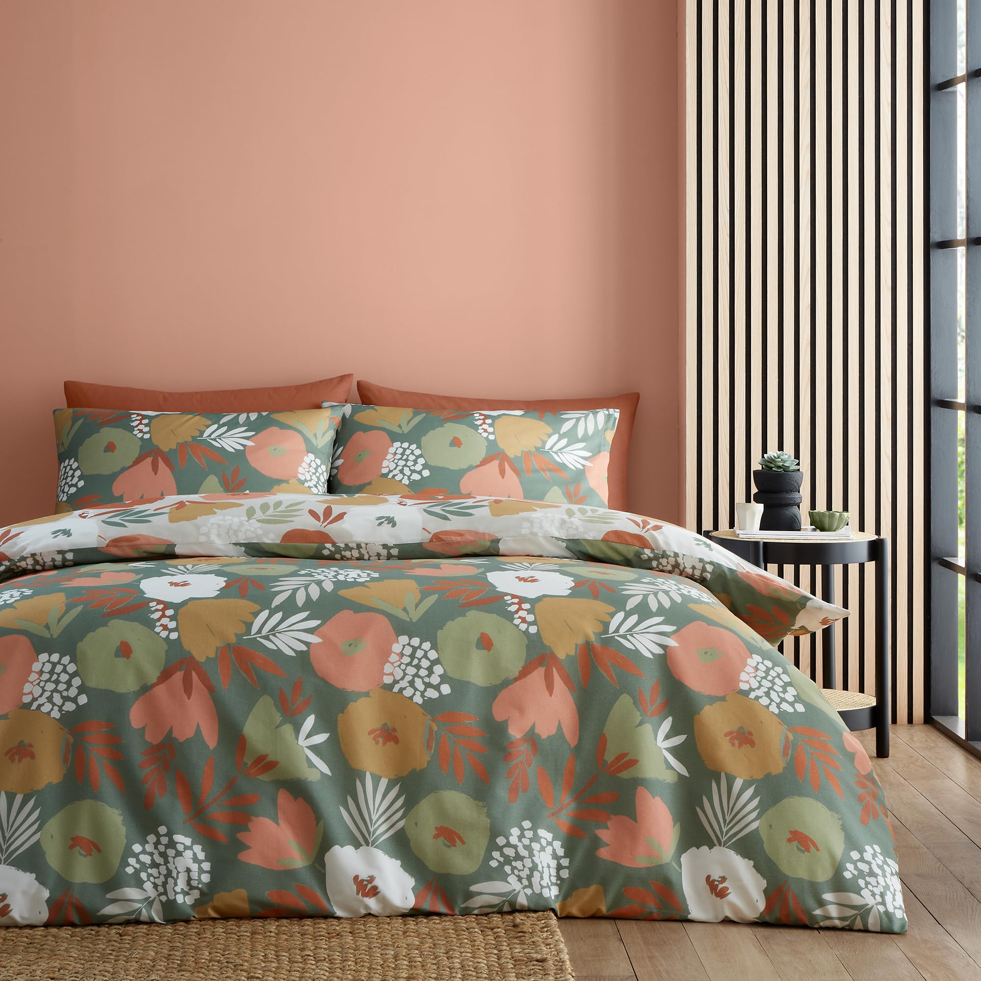 Fusion - Green & Natural Flower Art Abstract Duvet Cover - King Bedding Size (230 x 220cm) - Reversible Design (2 Colours) - Easy Care & Washable - Brush Paint Flower Duvet Cover in Natural & Green