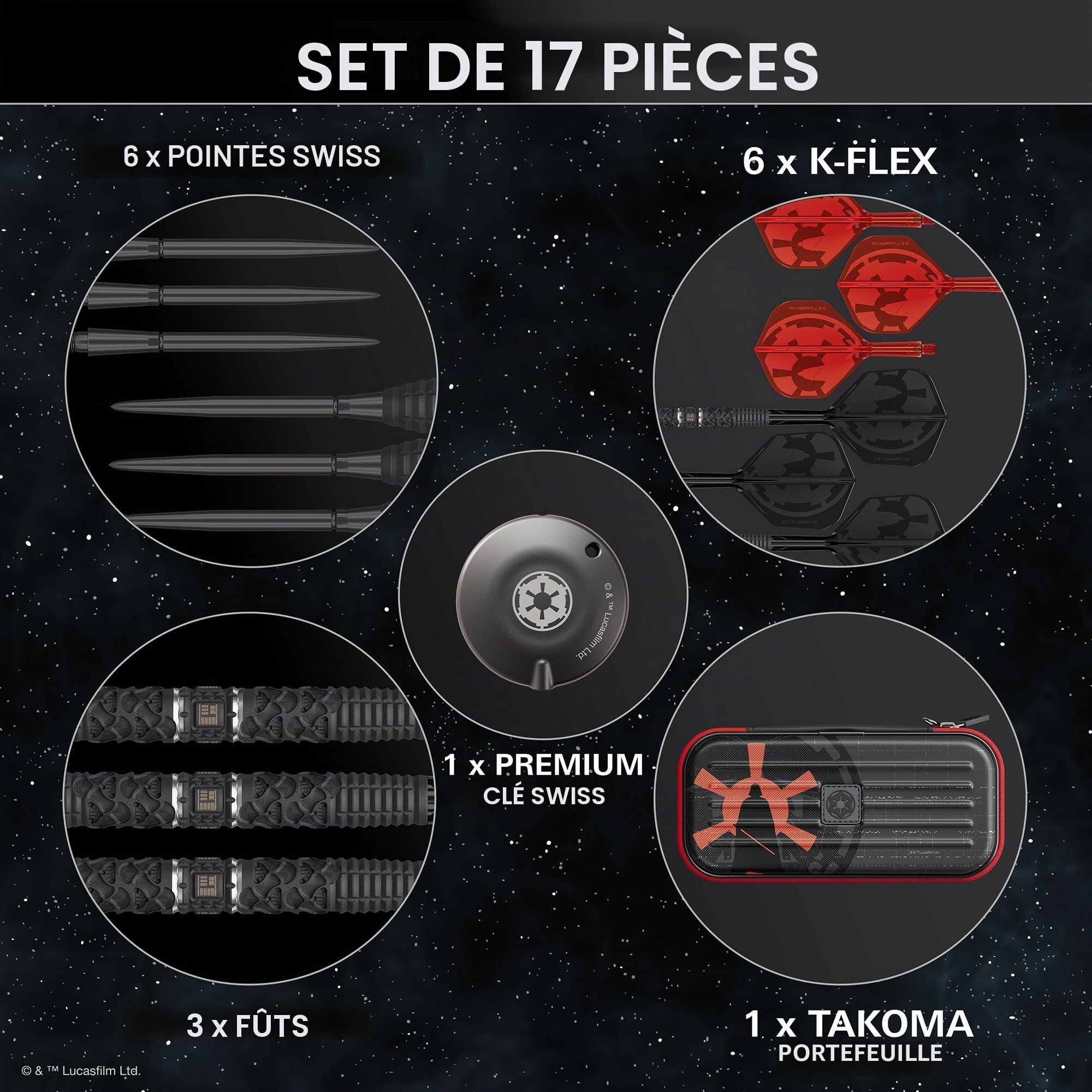 Target Darts Star Wars Darth Vader 95% Tungstène Pointe en Acier Fléchettes, 22G/24G/26G | Pointes Black Swiss Storm, Tiges et Ailettes K-Flex N° 2/ N° 6 Rouges et Noires, Portefeuille Takoma