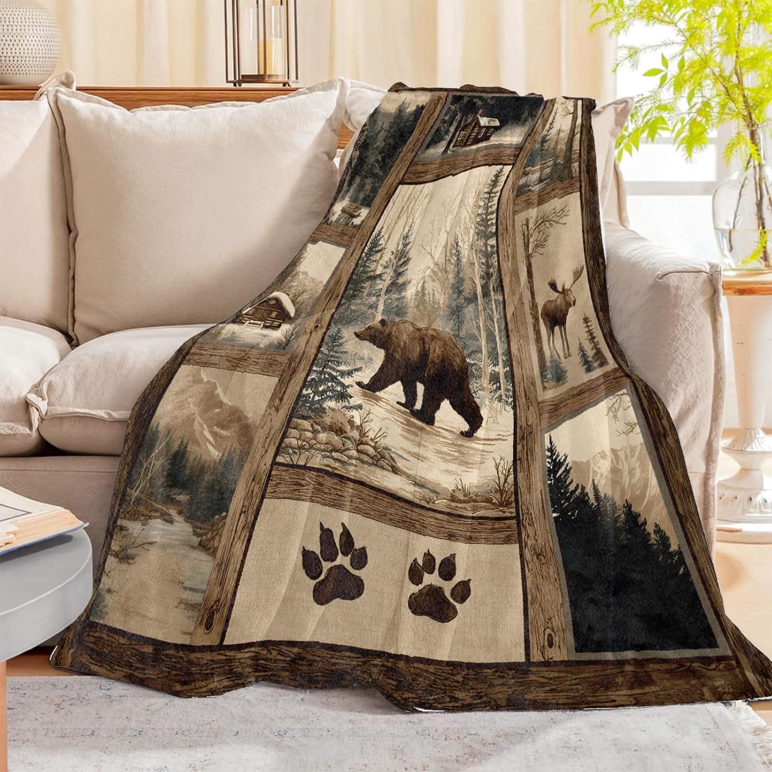 Bear Blanket 50×60in, Rustic Cabin Forest Patchwork Soft and Warm Cozy Blankets for Couch Bedroom Lightweight Throw All Seasons Home Decor Travel Gifts for Kids and Woodland Lovers