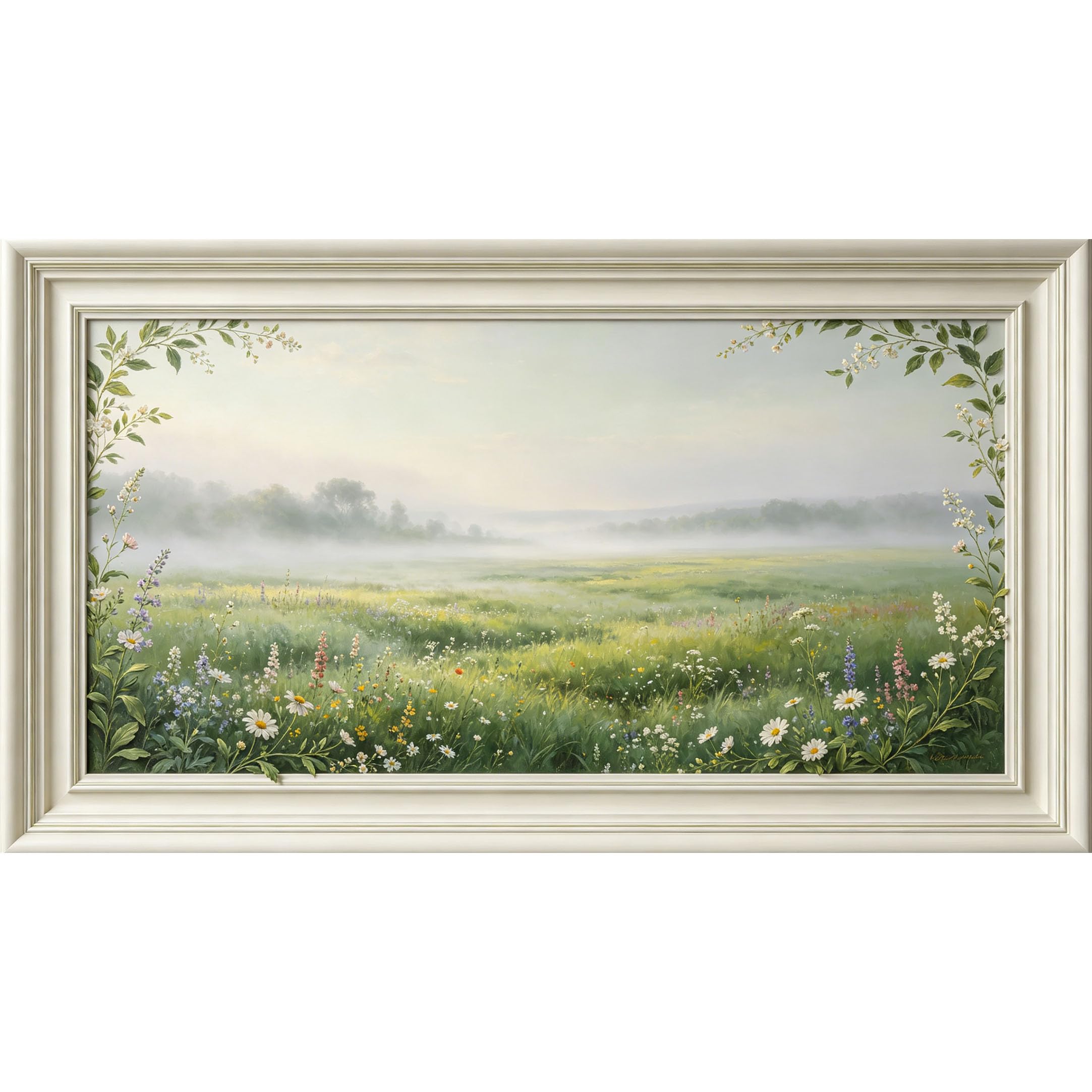 QZLITHOTIC 50x90cm3D Framed Wall Art， Misty Meadow Landscape Botanical Self‑Adhesive Mural， Water‑Activated Peel & Stick Fabric Decor Wall Decal for Bedroom Living Room
