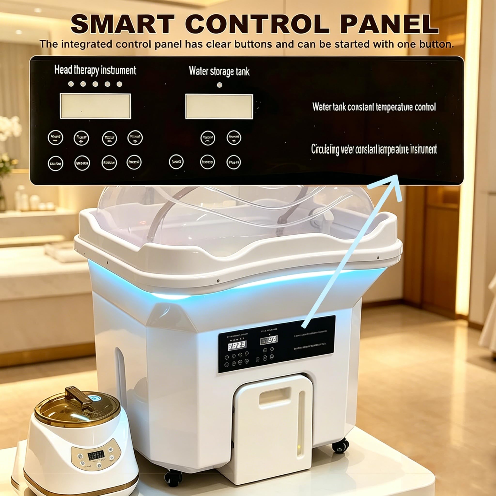 Generisch Neueste Head Spa, Mobiles Waschbecken mit 60L Wassertank und Abwassertank, inkl. Dampfhaube, Verneblung, Phototherapie und 4 Rollen, für Salon und Friseur， Konstanttemperatur-Wasserfall