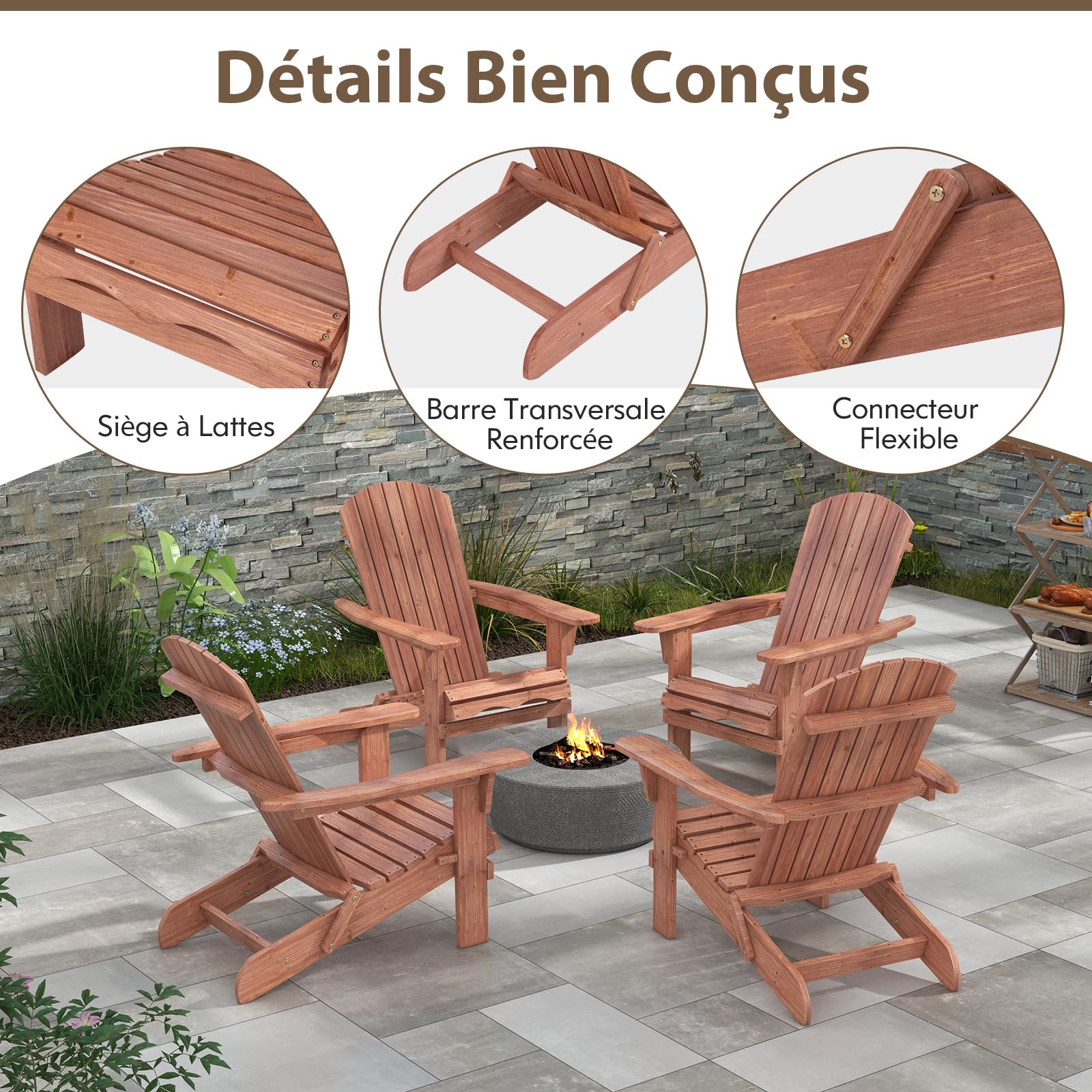 GOPLUS Chaise Adirondack, Chaise d'Extérieur Pliable avec Cadre en Bois Massif, Dossier Incurvé et Accoudoirs Larges, Capacité 180 Kg, pour Terrasse, Jardin, Bord de Piscine (1, Naturel)