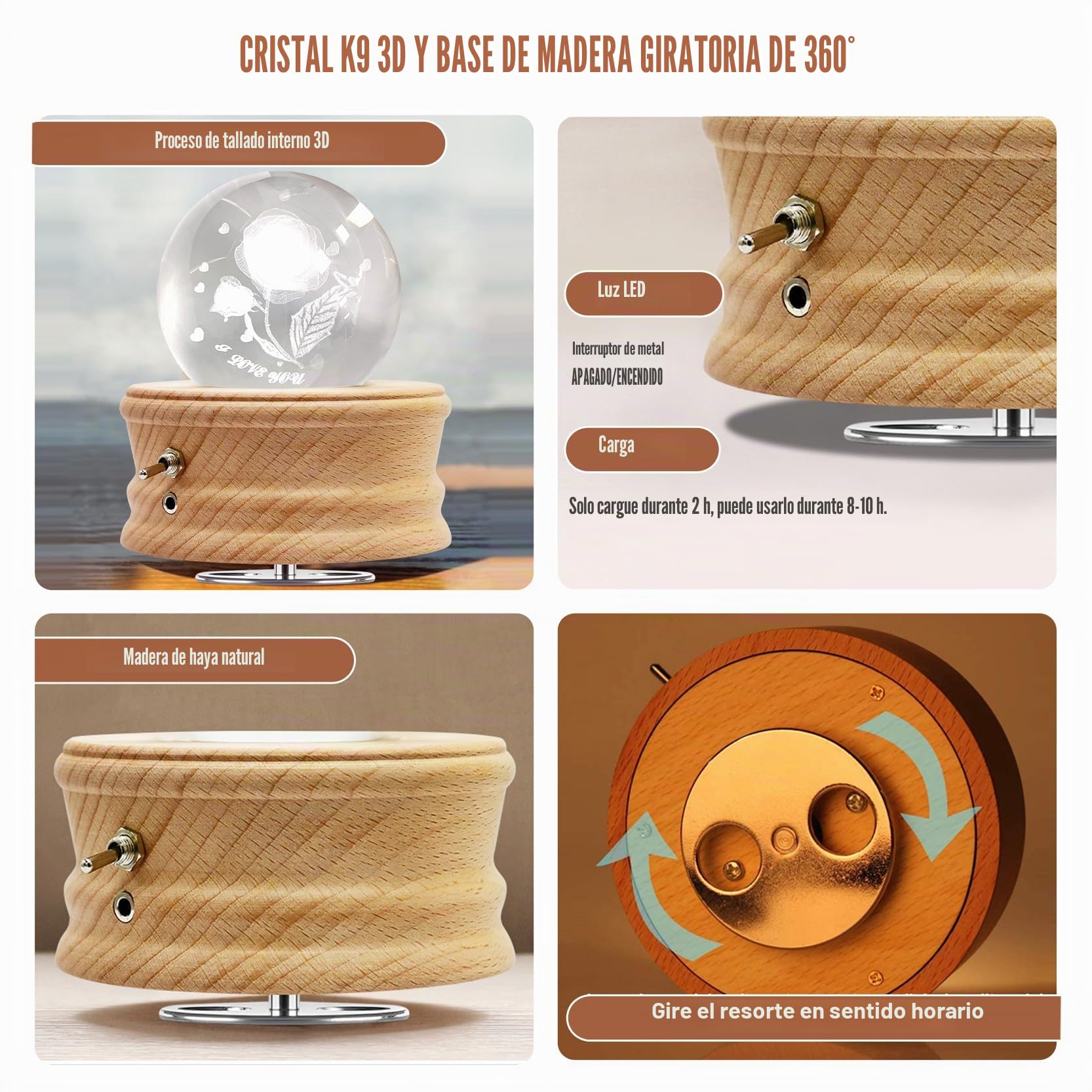 Caja de Música con Bola de Cristal,Caja de Música de Madera con Proyección,Base Giratoria de Madera con Rotación de 360°con Luz, Cristal 3D K9,Regalo de Cumpleaños Navidad Mujeres Niños