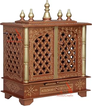 Homecrafts Handpainted Wooden Home Temple/ Home mandir/ god stand for home/ pooja stand/ home mandap/ pooja mandir with Doors and Color-Golden1 in Side LED Lights Medium Size- 18x12x24 Inch