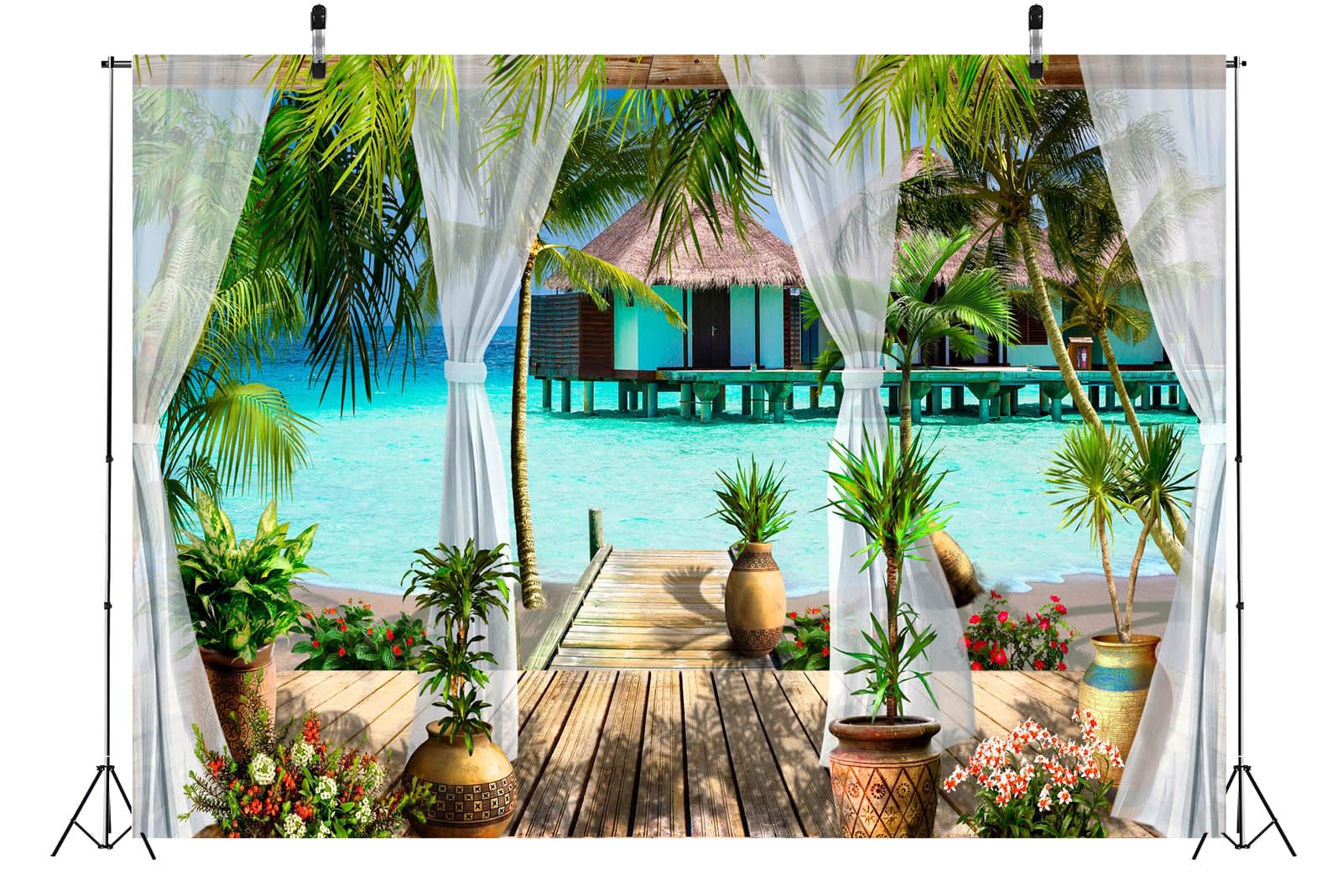 BELECO 3x2.5m Sfondo Fotografico terrazza villa tropicale mare paradiso palme oceano blu, decorazione festa estiva spiaggia, accessori fotocabina carta da parati studio