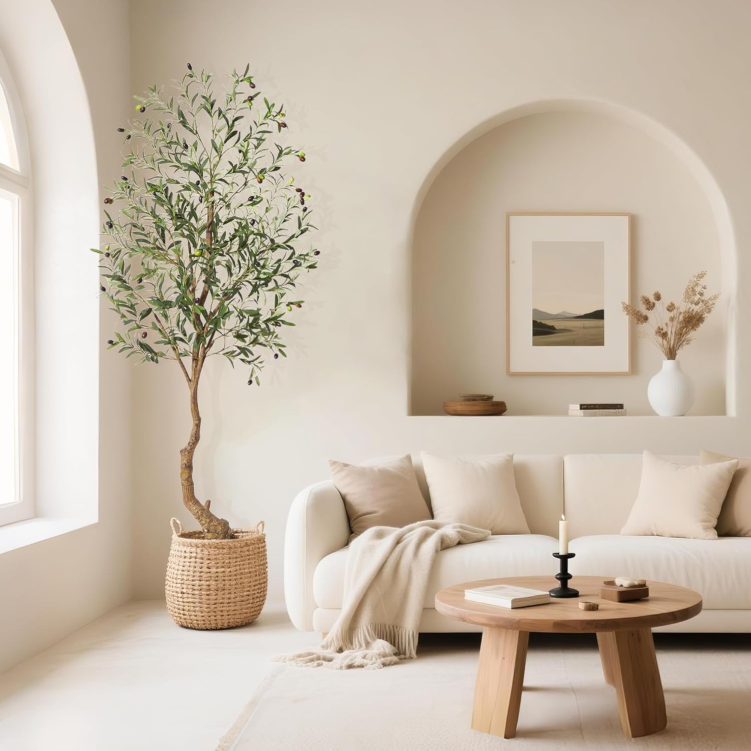 Artificial Olive Trees, 6 Ft Indoor Outdoor Fake Potted Silk Plant Faux Olive Tree with Trunk and Fruits, Artificial Tree Large Olive Plants for Living Room Home House Office Decor