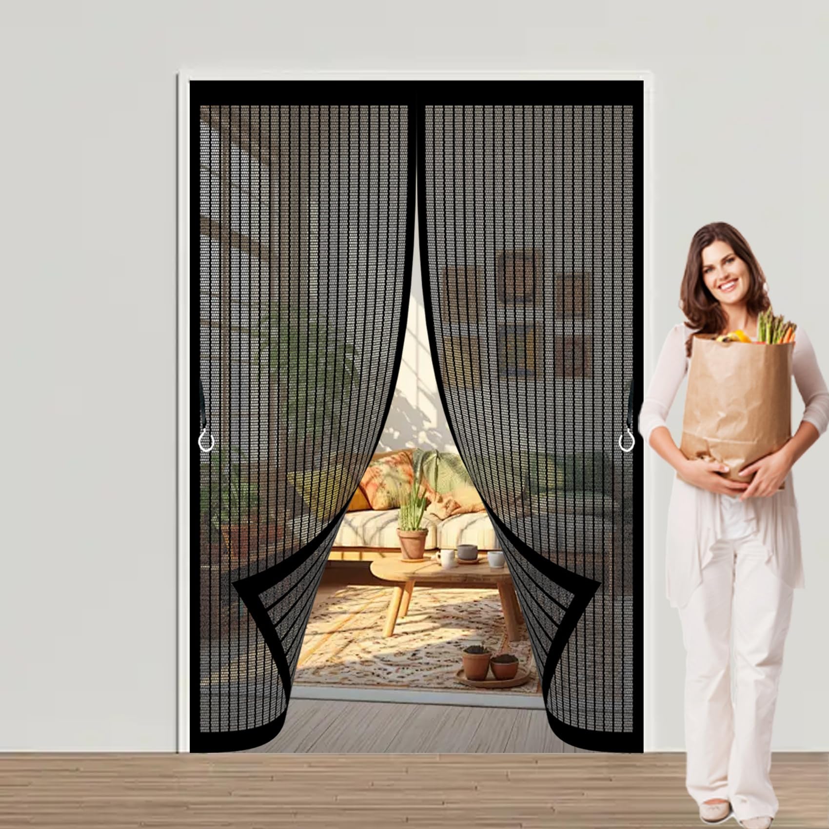 Door Fly Screen Curtain 190 x 110 cm Powerful Magnets, No Drill Installation, Automatically Closes, for Keeping Out Flies & Bug Thermal Insulated Door Curtain for Patio Doors Balcony, Black