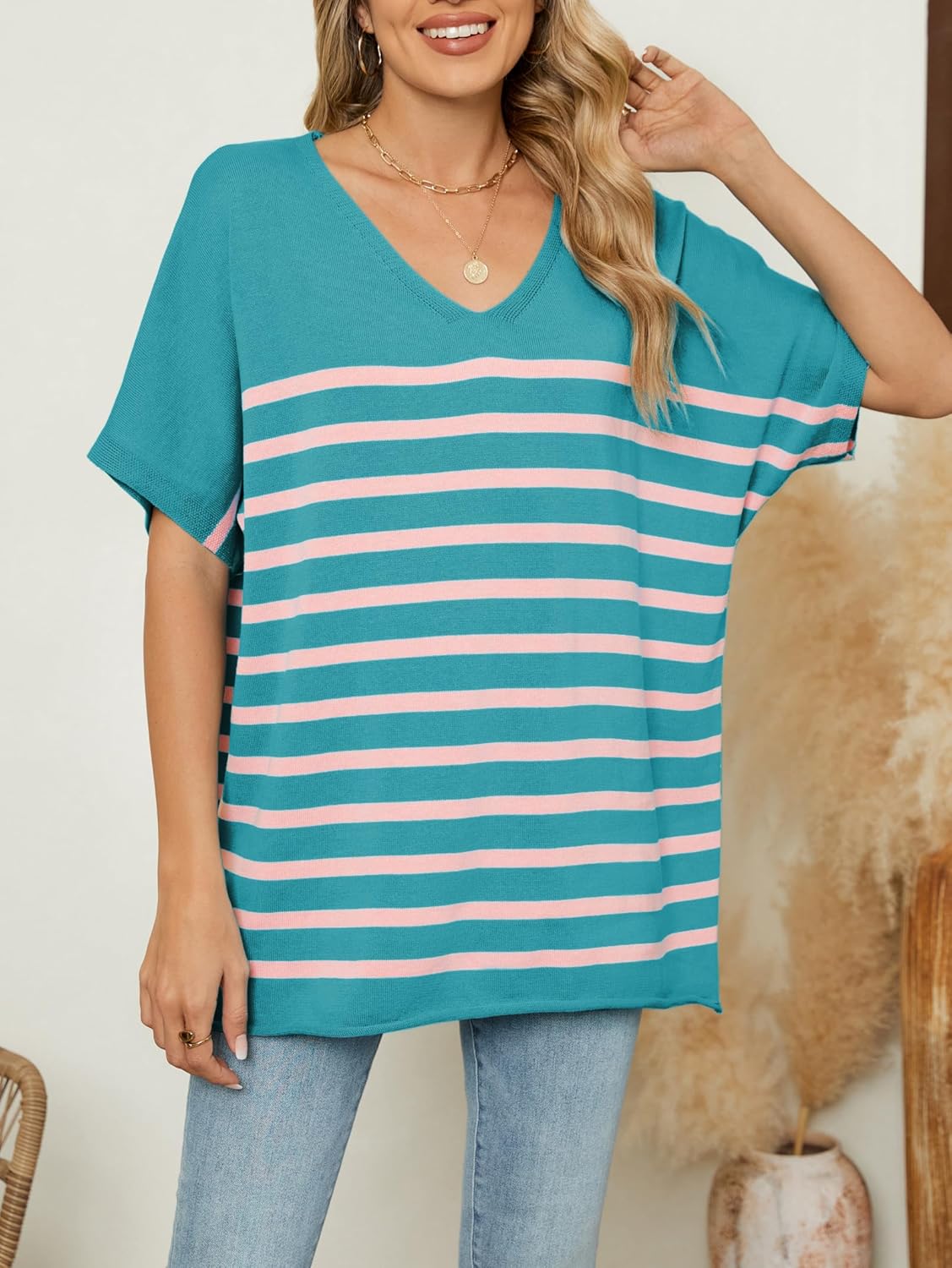 iChunhua Oversized T Shirts for Women Striped V-Neck Short Sleeve Casual Tee Summer Knit Sweater Tops - Image 3