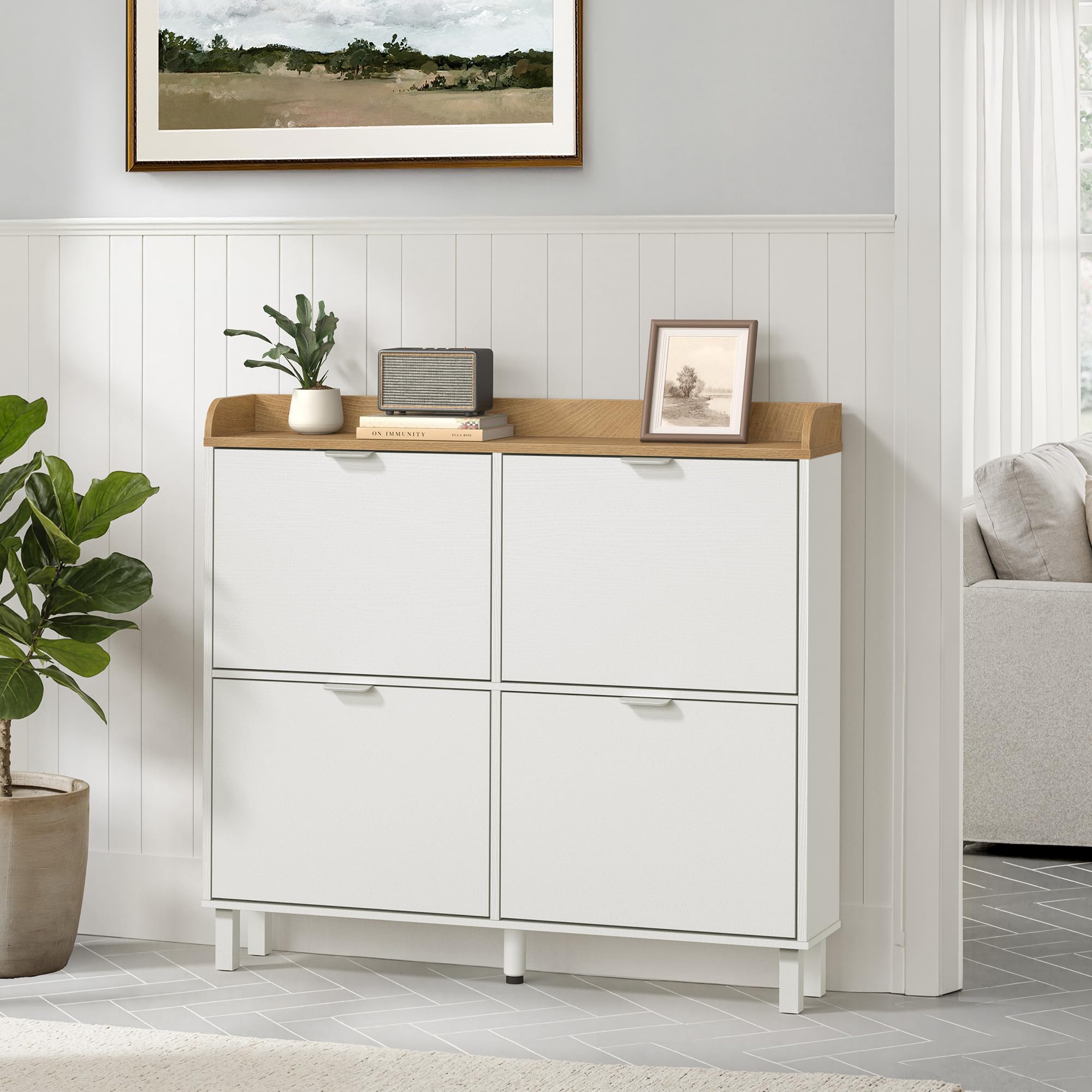 LUE BONA Zapatero, Zapatero Estrecho con 4 Tapas Abatibles, Gabinete Abatible con Base de Madera, Gabinete Cerrado Adecuado para Entrada y Pasillo 100x19x91.5 cm, Blanco.