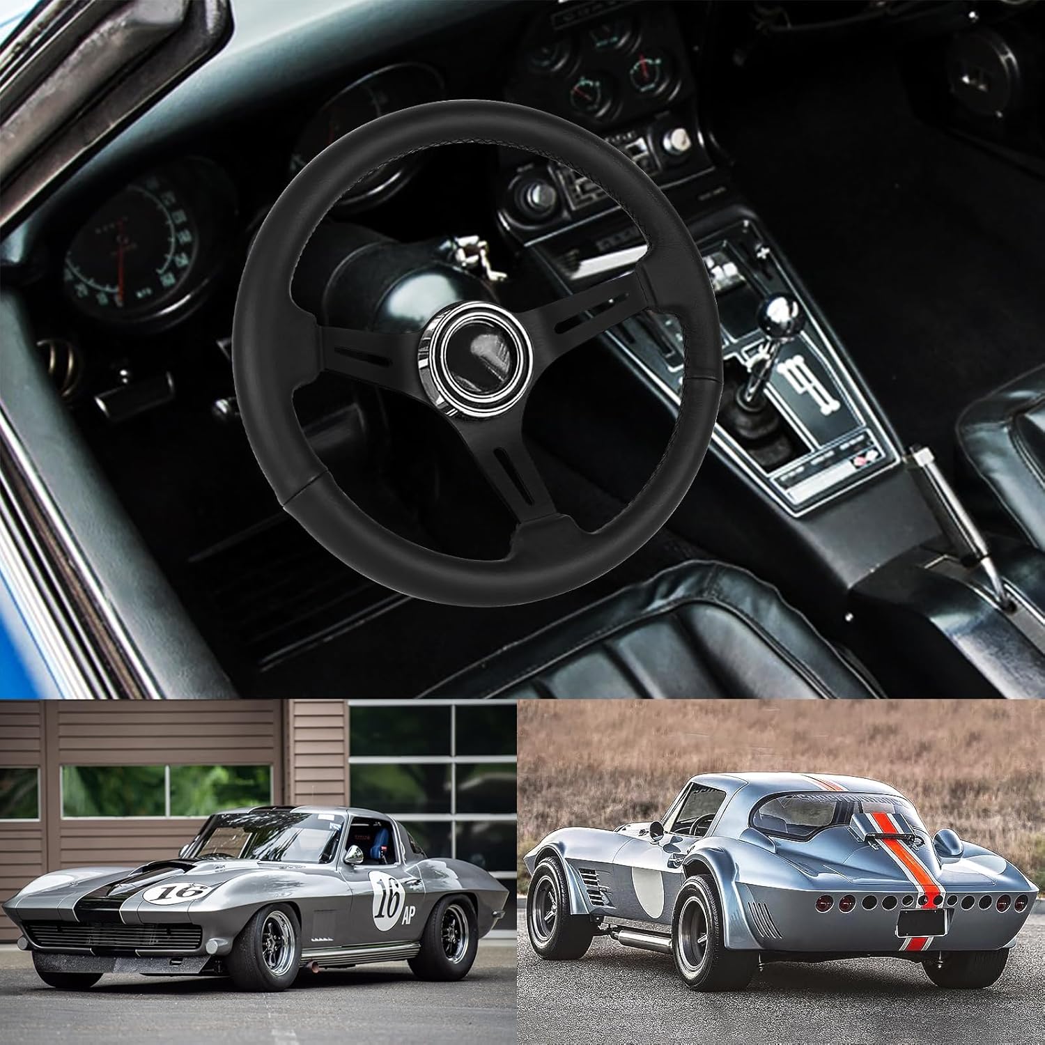 14"Racing Steering Wheel, Perforated Leather Trim Stitch Steering Wheel for Corvette 1963-1982, Black