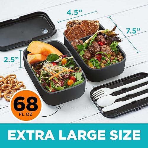 Miniatura 5 de Caja Bento doble prémium para adultos, 67 onzas líquidas sin BPA, lonchera apilable negra con tapas y divisores a prueba de fugas, perfecta para