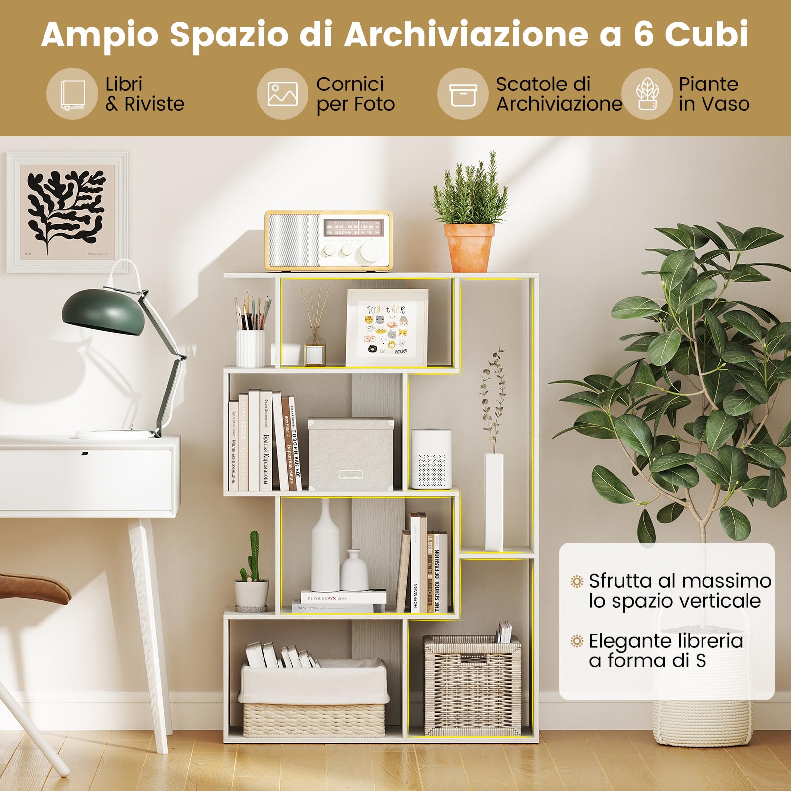 COSTWAY Libreria Geometrica Aperta, Scaffale a 6 Cubi con Kit Anti-Ribaltamento, Mensola Espositiva per Camera da Letto Studio Soggiorno, 80 x 30 x 119 cm (Bianco)
