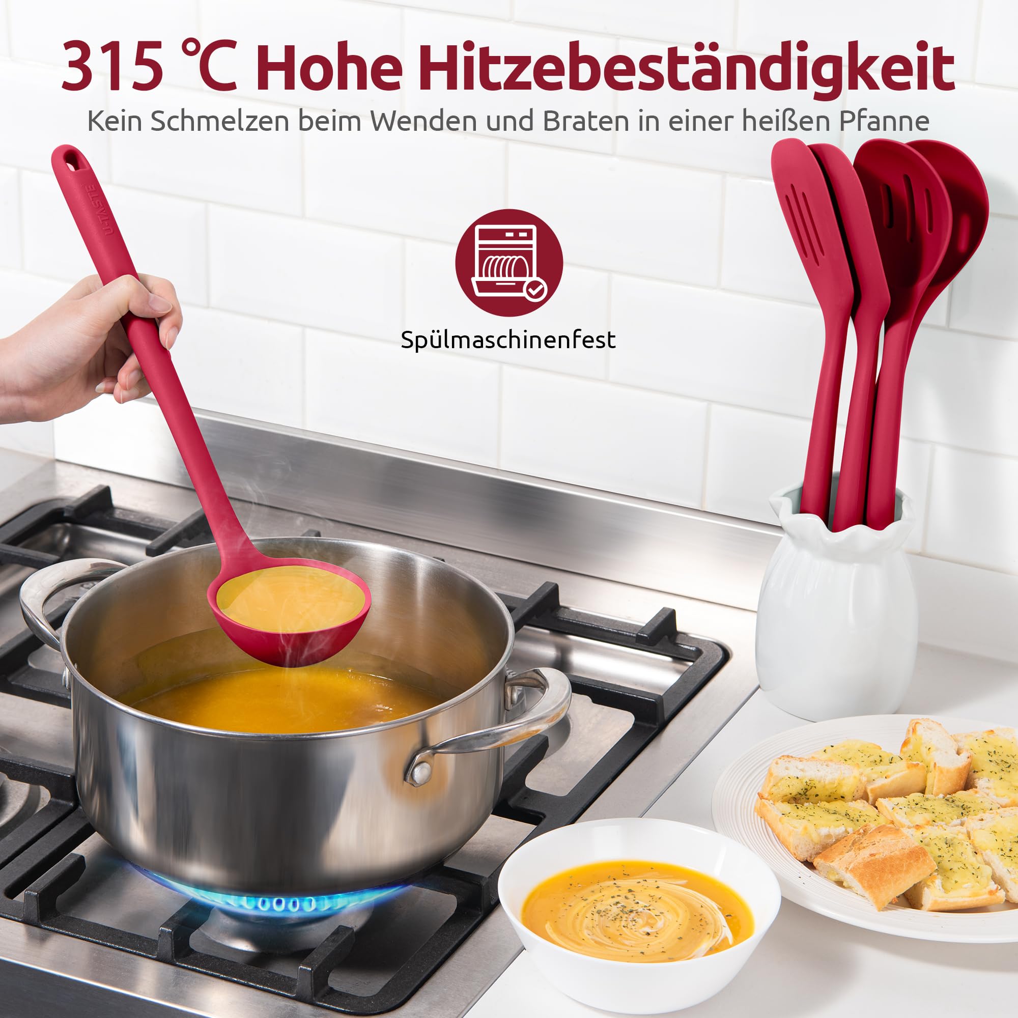 U-Taste 5 Stück Silikon Küchenhelfer, 315℃ hitzebeständiger, Rot | Kochutensilien, antihaftbeschichtetes Pfannenwender Löffel zum Mischen Servieren Braten Rühren