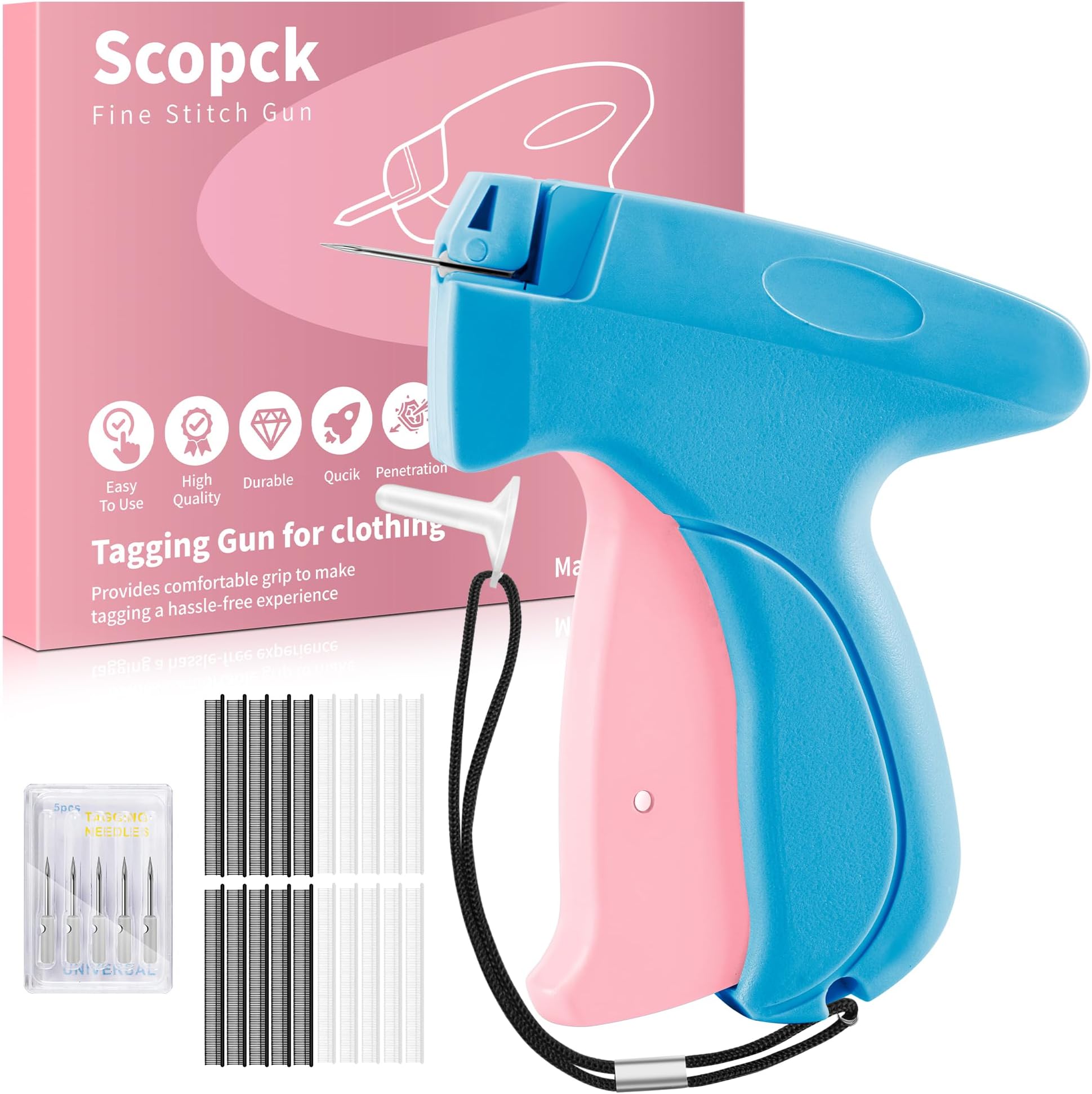 Stitch Gun for Clothes - Handheld Stitch Tag Gun Quick Clothing Fixer - Tagging Gun - Sewing Kit Includes 6 Needle, 1000 Black Fasteners & 1000 White Fasteners (Blue, Pink)