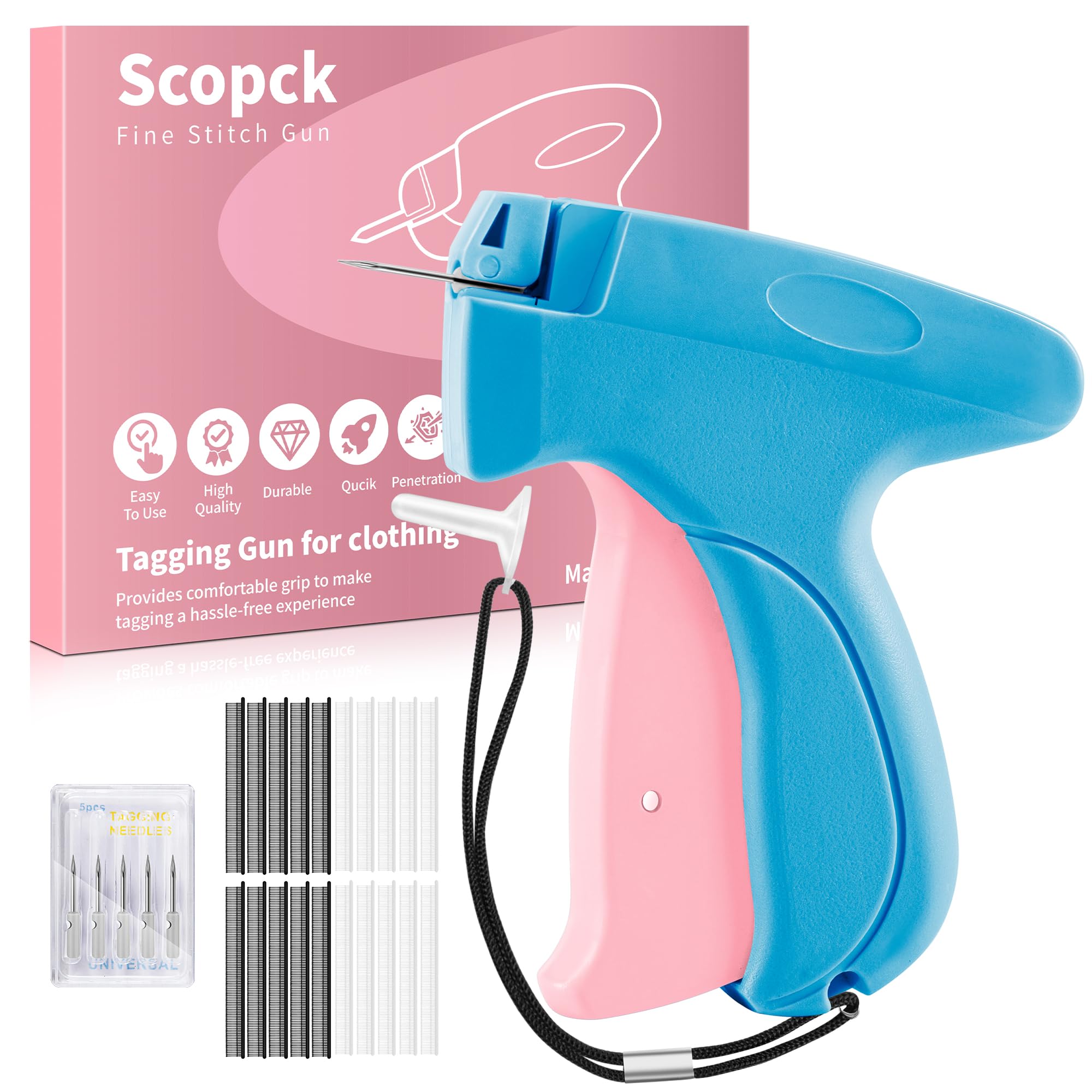Stitch Gun for Clothes - Handheld Stitch Tag Gun Quick Clothing Fixer - Tagging Gun - Sewing Kit Includes 6 Needle, 1000 Black Fasteners & 1000 White Fasteners (Blue, Pink)