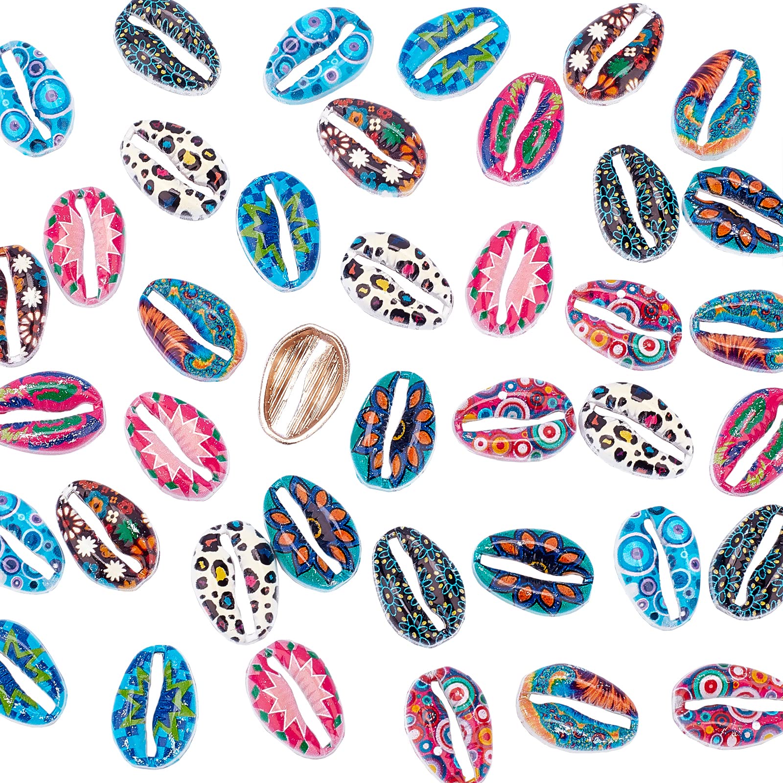 PH PandaHall 40pcs 10 Colour Print Shell Beads Alloy Cowrie Shell Charms Beads for DIY Summer Beach Craft Jewellery Making Accessories, 16x11mm