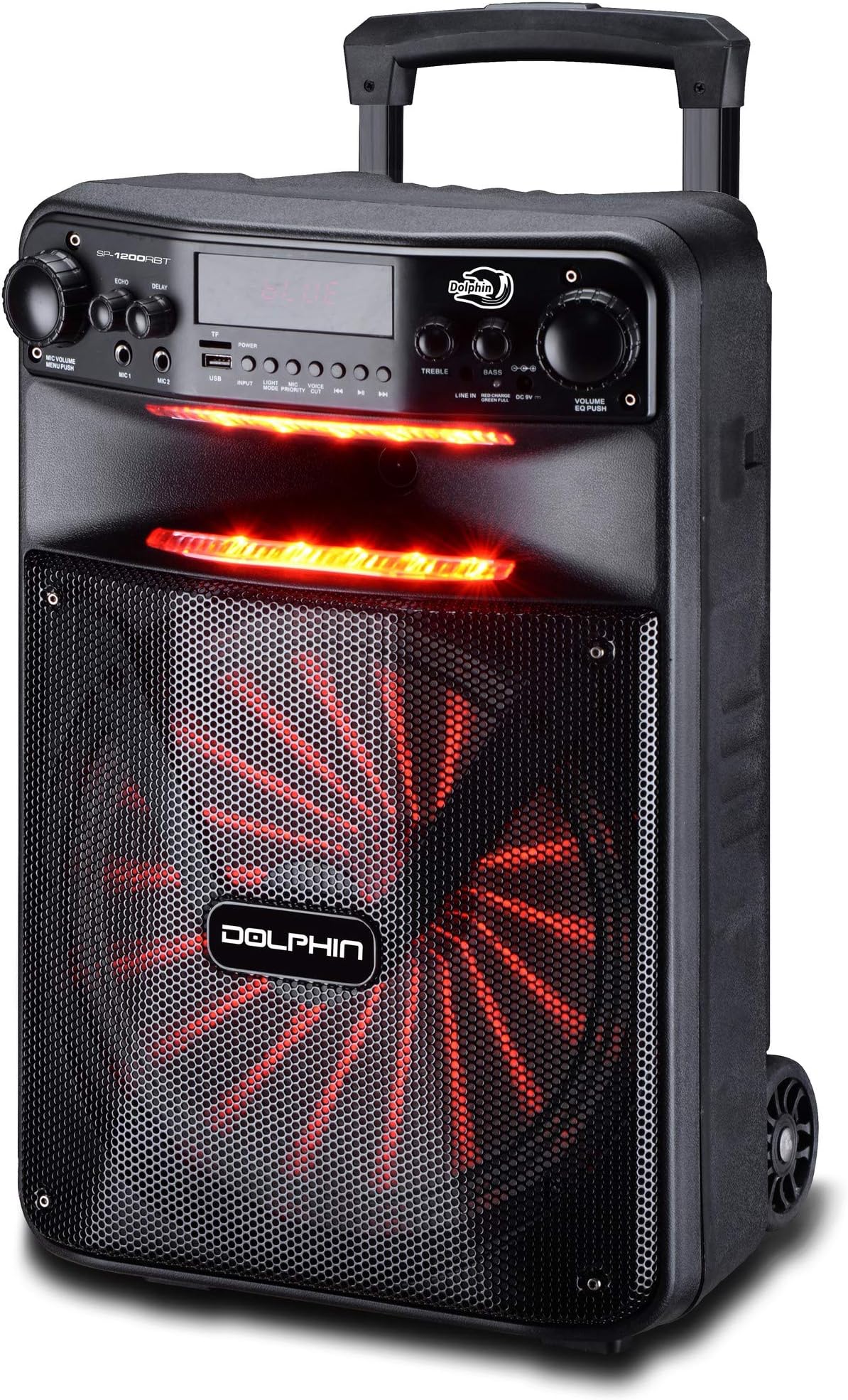 Dolphin SP-1200RBT Portable Party Bluetooh Speaker w/Remote Control and Sound Activated LED Light Show, 12", Long Lasting Battery