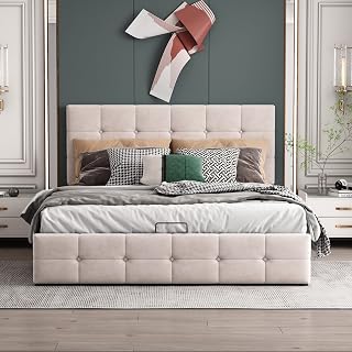 Cama Doble Tapizada De 140x200 Cm, Cama Infantil Moderna, con Almacenamiento Elevador Hidráulico, Cabecera Ajustable, Adecuada para Dormitorio (colchón No Incluido)(Color:Rosa)