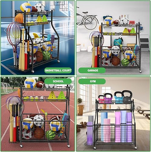 Miniatura 5 de Organizador de equipos deportivos de garaje, almacenamiento de pelotas con cuatro cestas y seis ganchos, organizador deportivo para garaje,