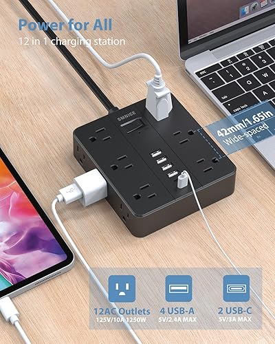 Miniatura 3 de Regleta de alimentación plana con 12 tomas, 6 USB (2 USB C), estación de carga SMNICE con protección contra sobrecarga, cable de extensión de 5 pies