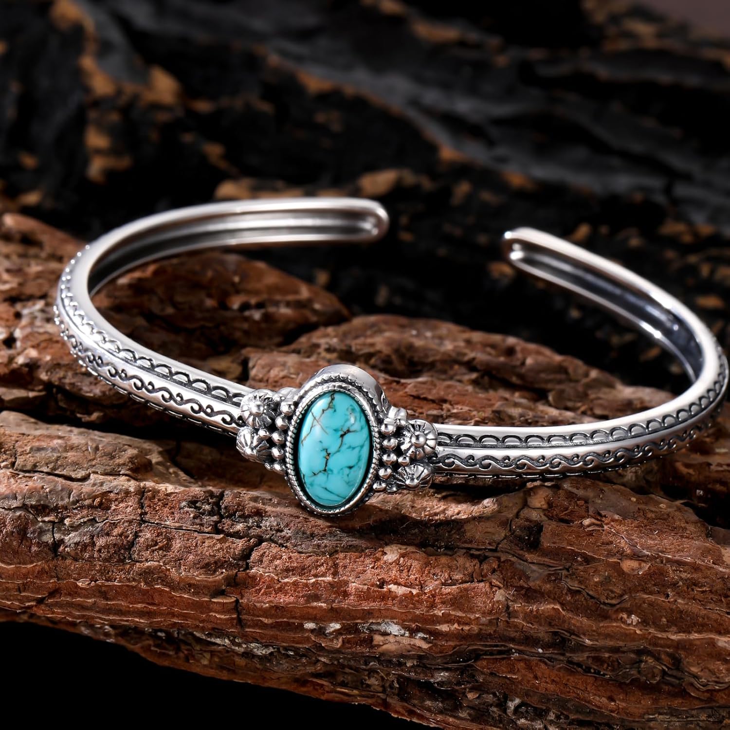Genuine Turquoise Boho Bracelet, Sterling Silver Vintage Adjustable Cuff Bangle Native American Jewelry for Women, Fit for 6.5 7 7.5 Inches - Image 6