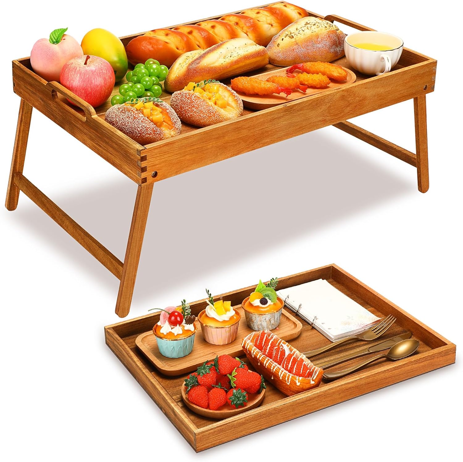 Tatuo 2 Pcs Acacia Bed Table Tray with Folding Legs and Handles Laptop Wooden